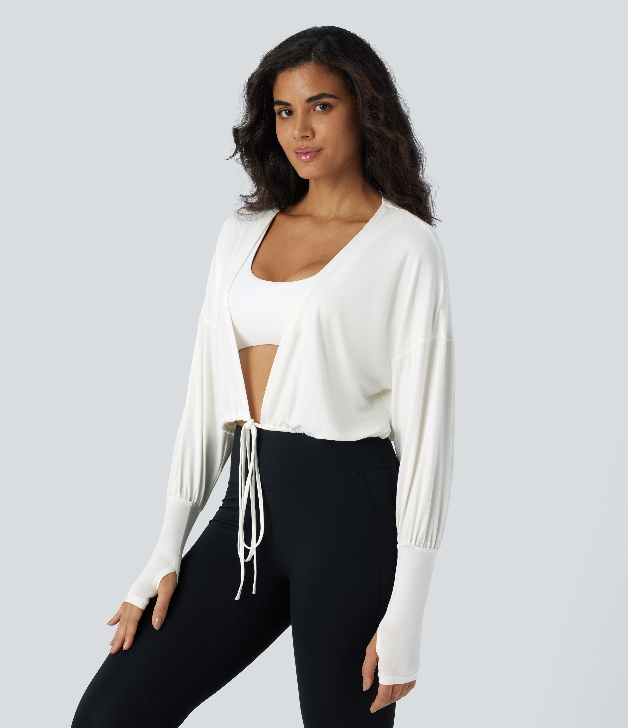 Halara V Neck Wrapped Thumb Hole Lace Up Casual Sports Top  - White - XL 