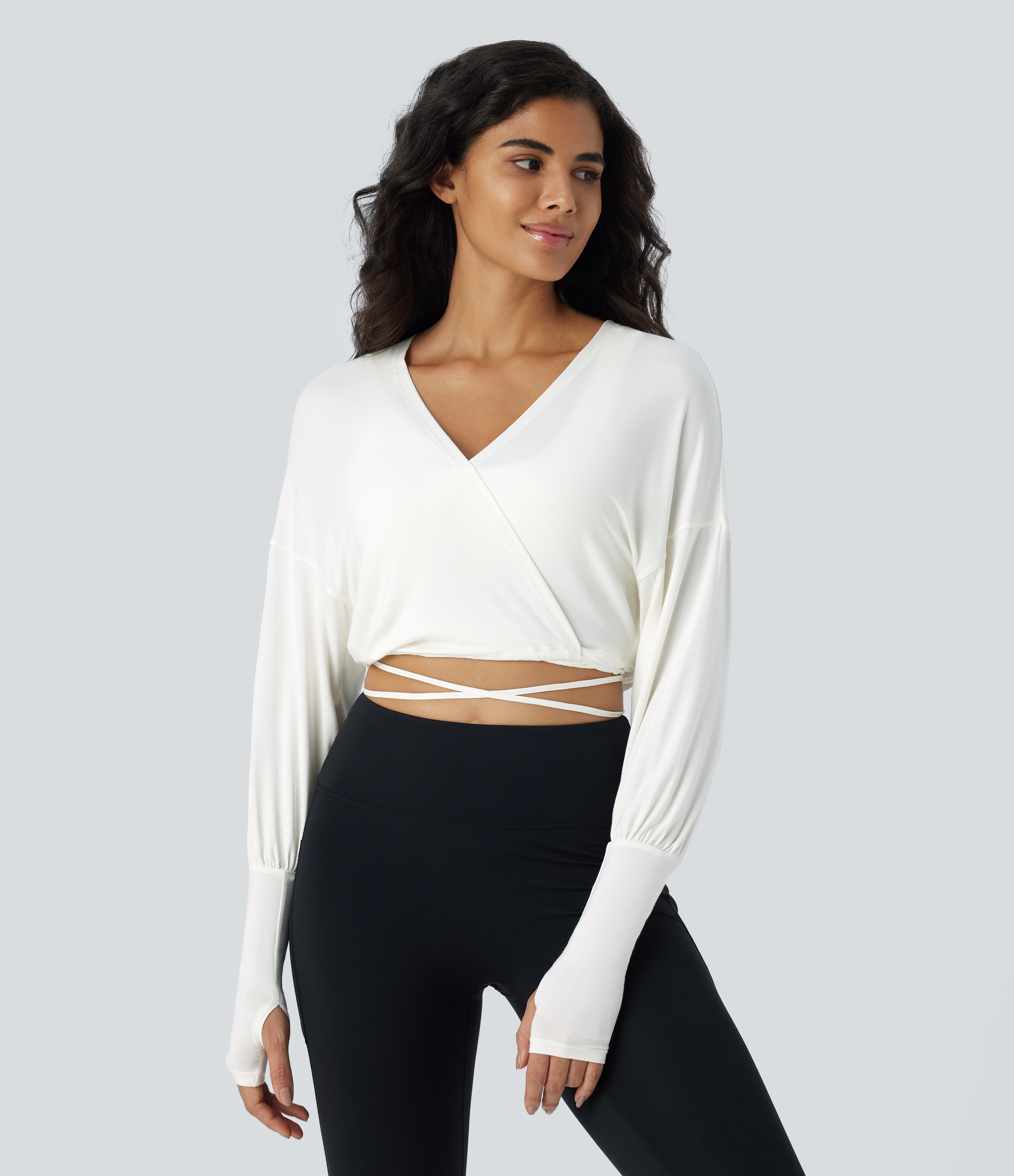 Halara V Neck Wrapped Thumb Hole Lace Up Casual Sports Top  - White - XL 