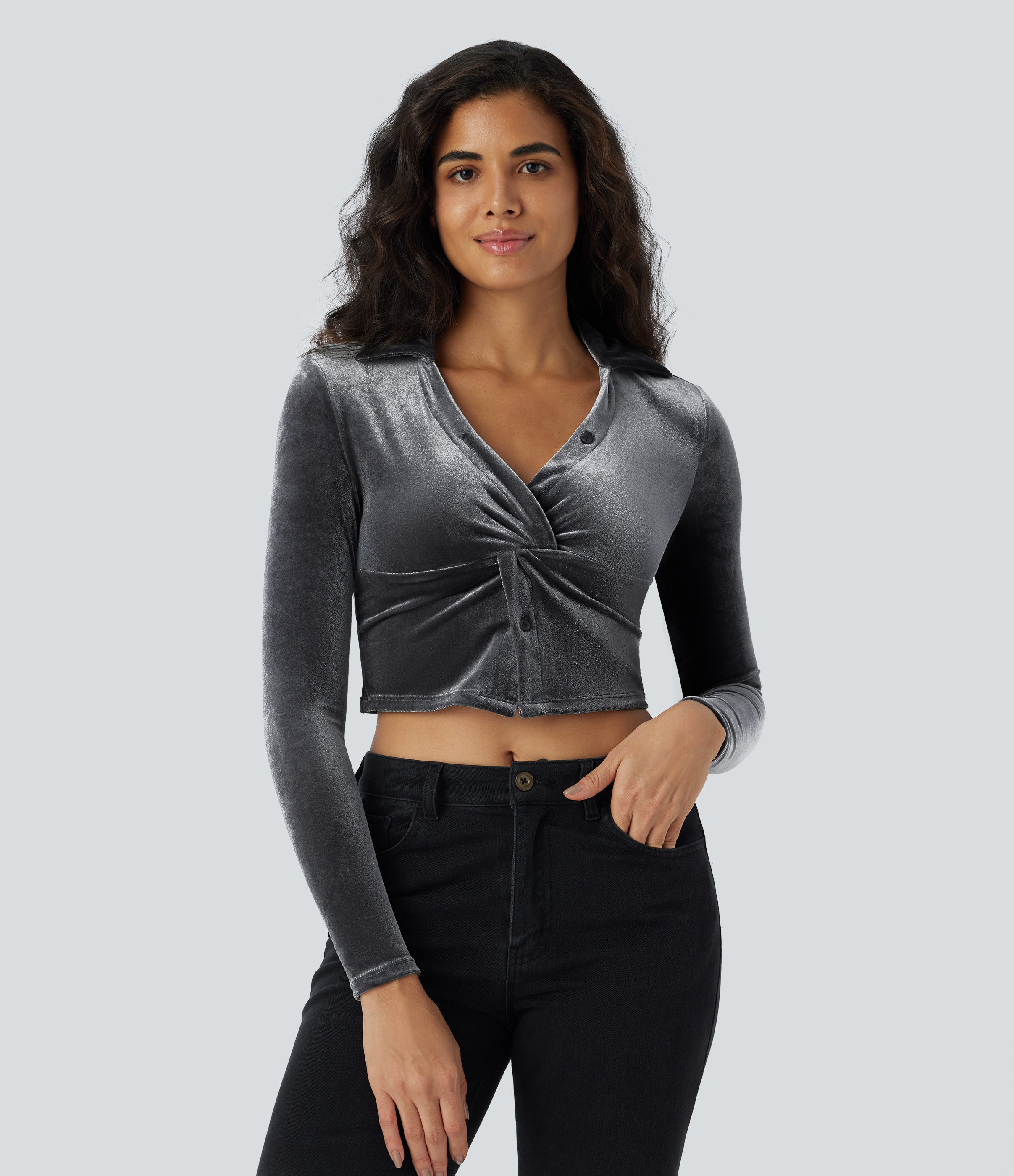 Halara Collared V Neck Twisted Button Long Sleeve Velvet Cropped Casual Shirt  - Lava Smoke - L 