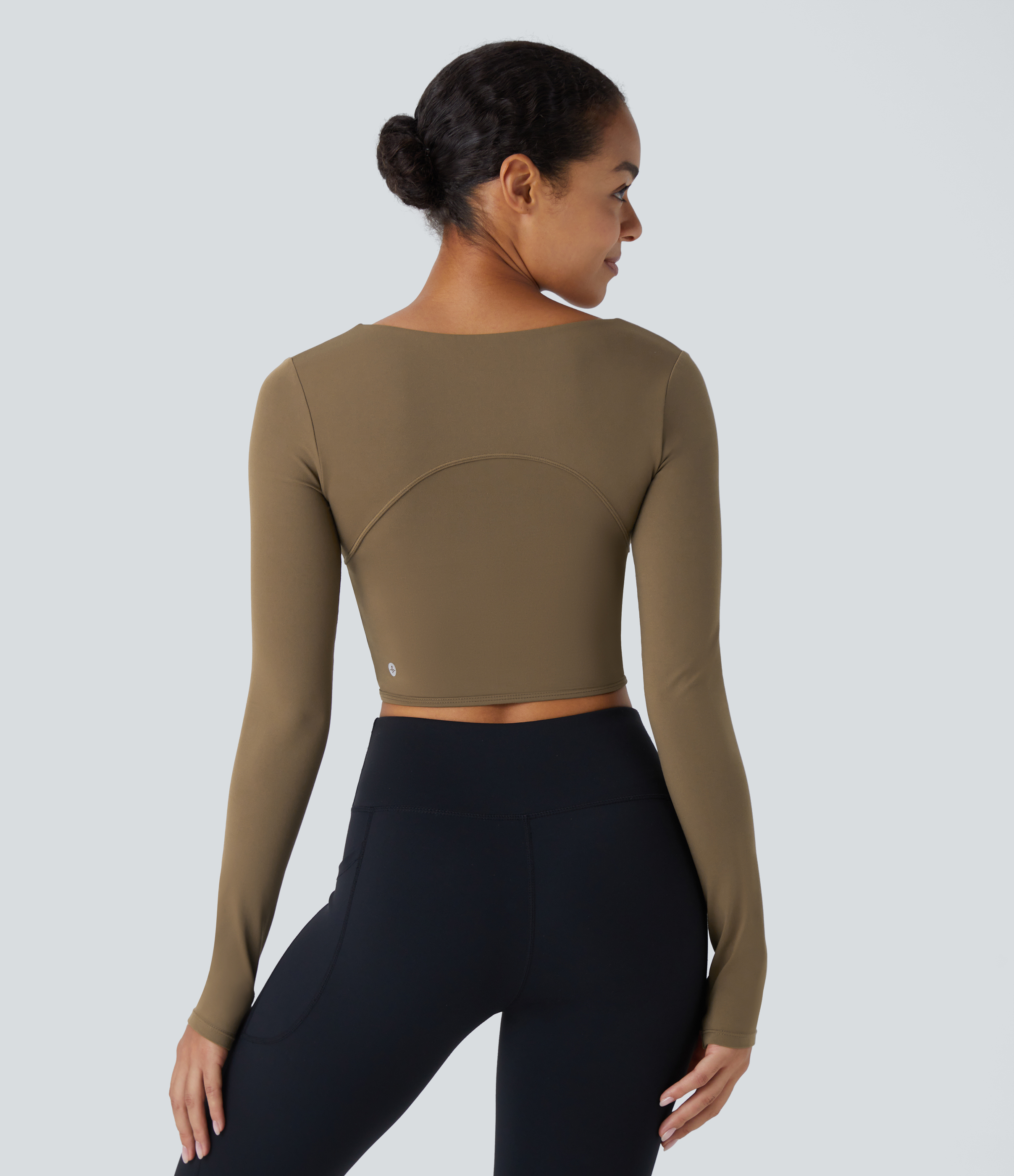 Halara Softlyzeroв„ў Square Neck Thumb Hole Corset Mesh Cropped Yoga Sports Top  - Chestnut Brown - XS 