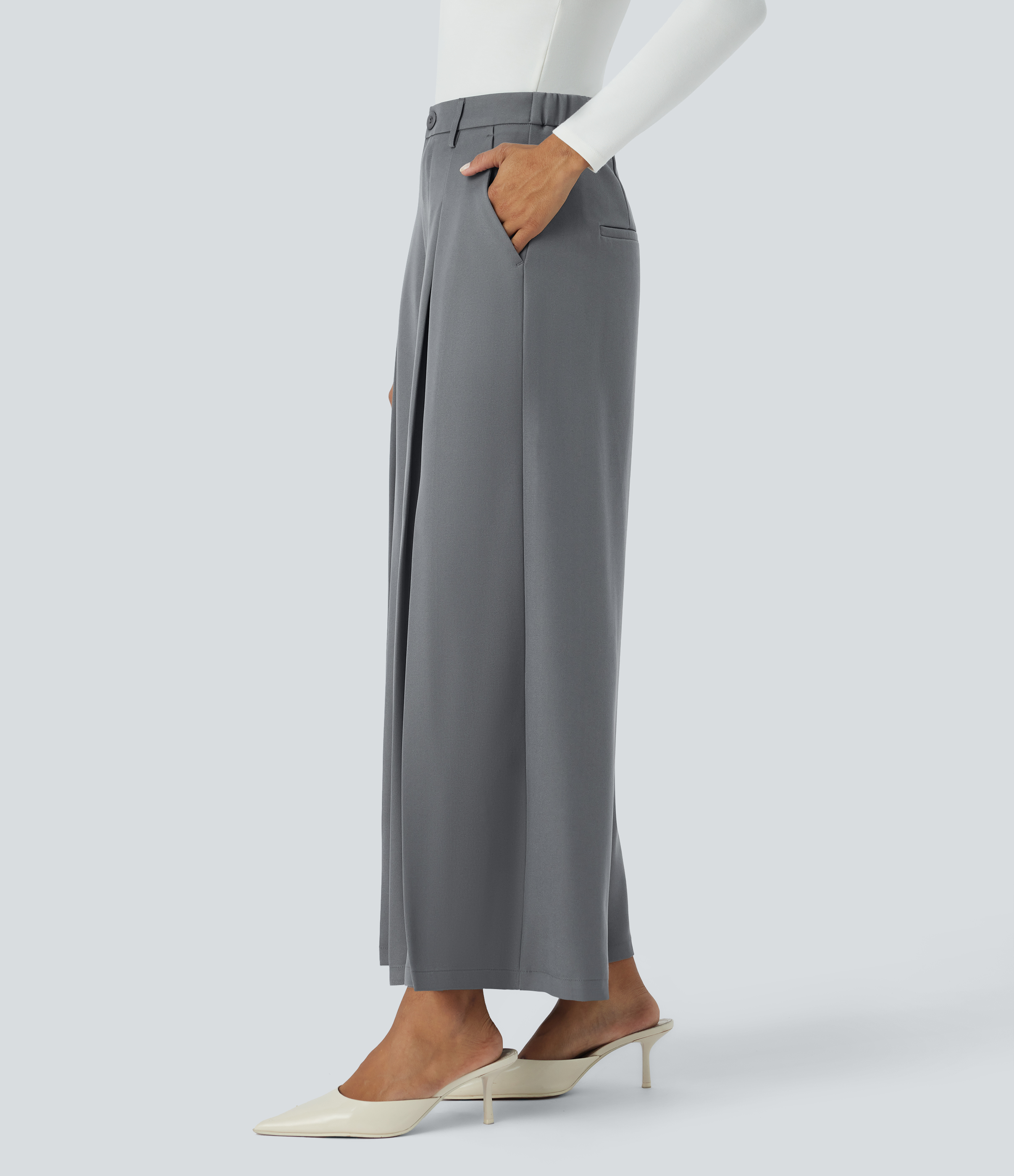 Halara High Waisted Side Pocket Pleated Wide Leg Work Culottes  - Poppy Seed - L(regular) sweatpants jogger pants stacked sweatpants 