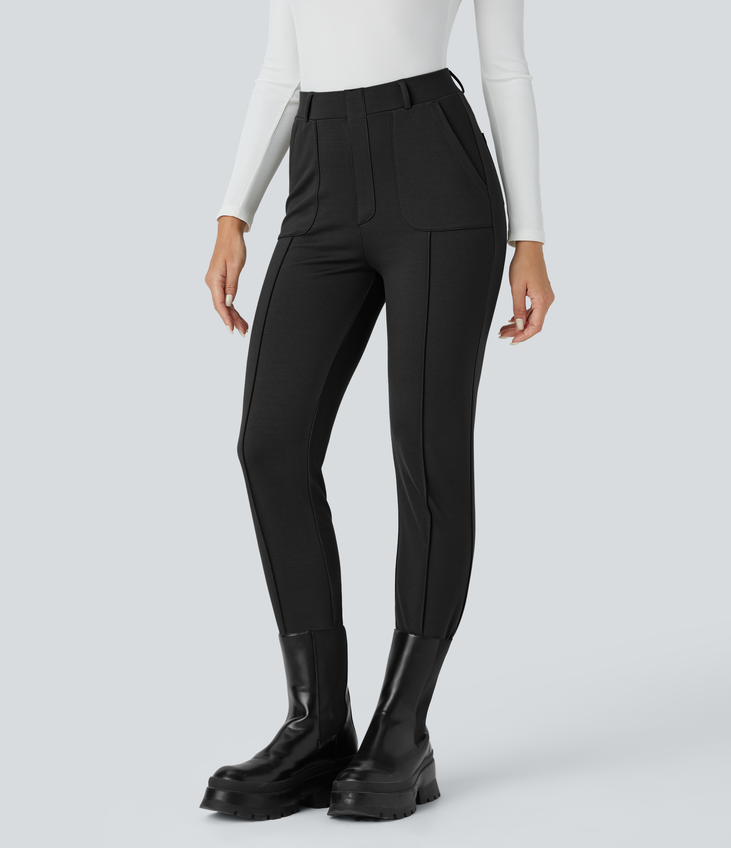 Halara High Waisted Multiple Pockets Pick-Stitching Work Capri Pants  - Black - XS(regular) sweatpants jogger pants stacked sweatpants 