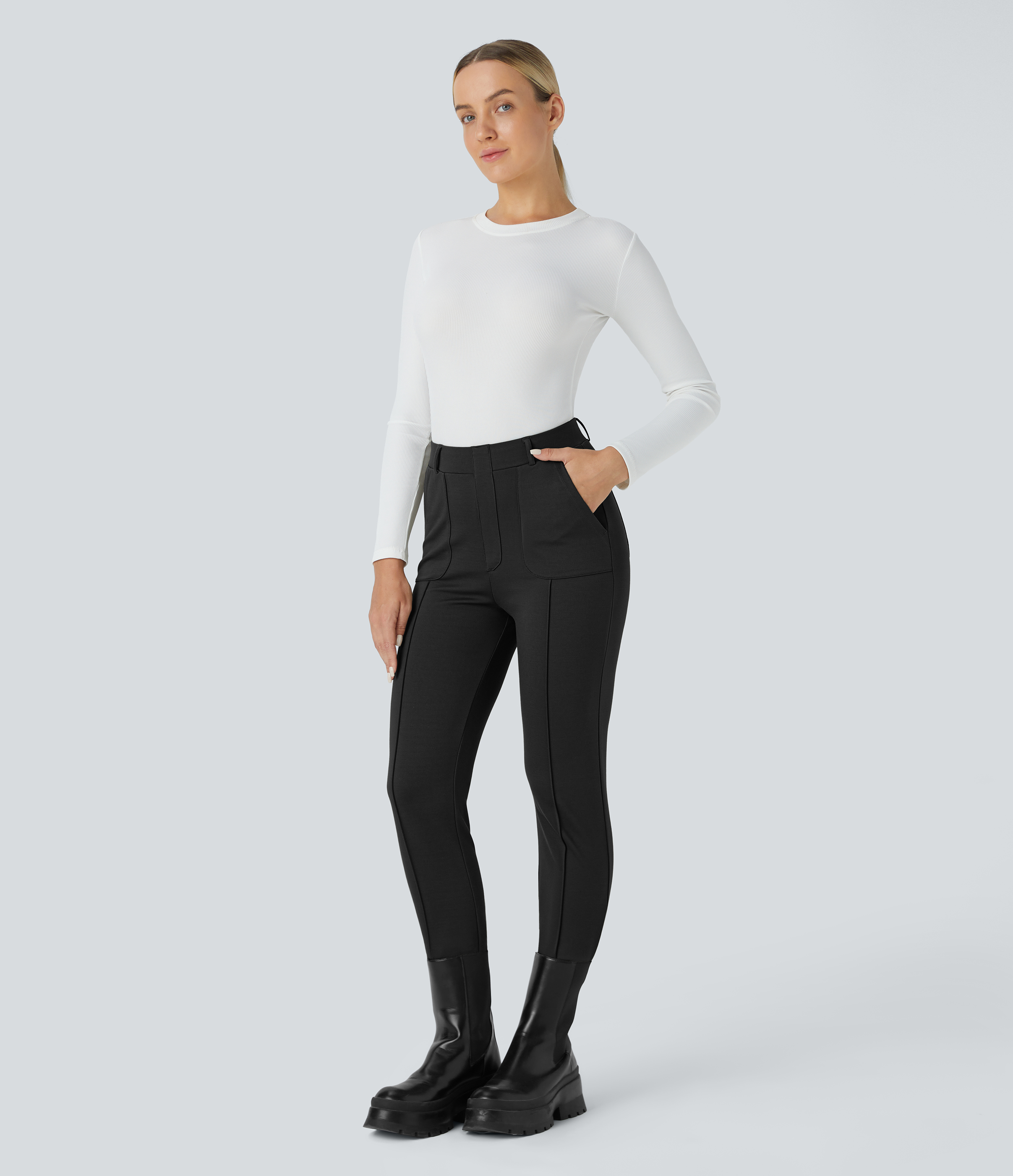 Halara High Waisted Multiple Pockets Pick-Stitching Work Capri Pants  - Black - XS(regular) sweatpants jogger pants stacked sweatpants 