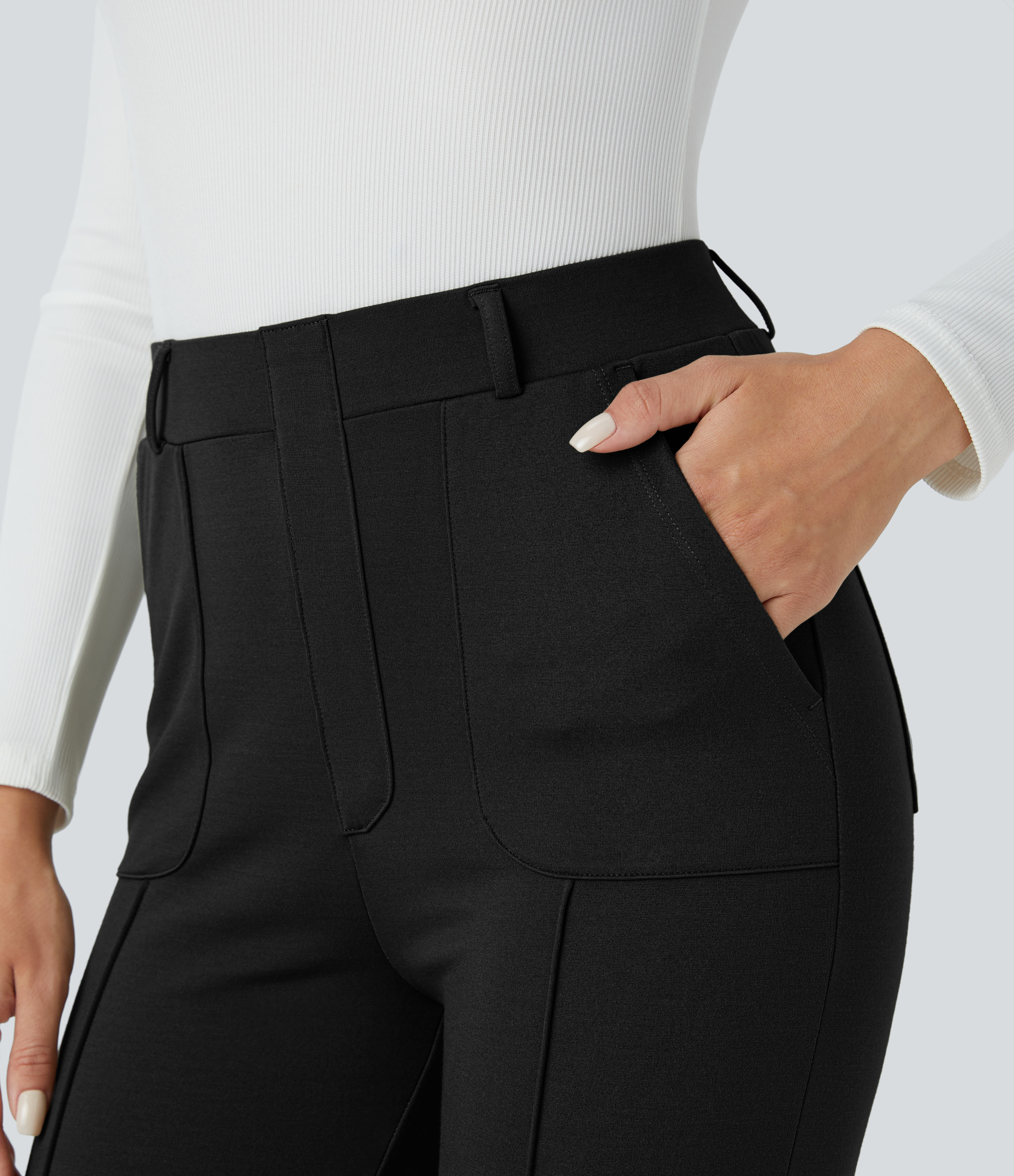 Halara High Waisted Multiple Pockets Pick-Stitching Work Capri Pants  - Black - XS(regular) sweatpants jogger pants stacked sweatpants 