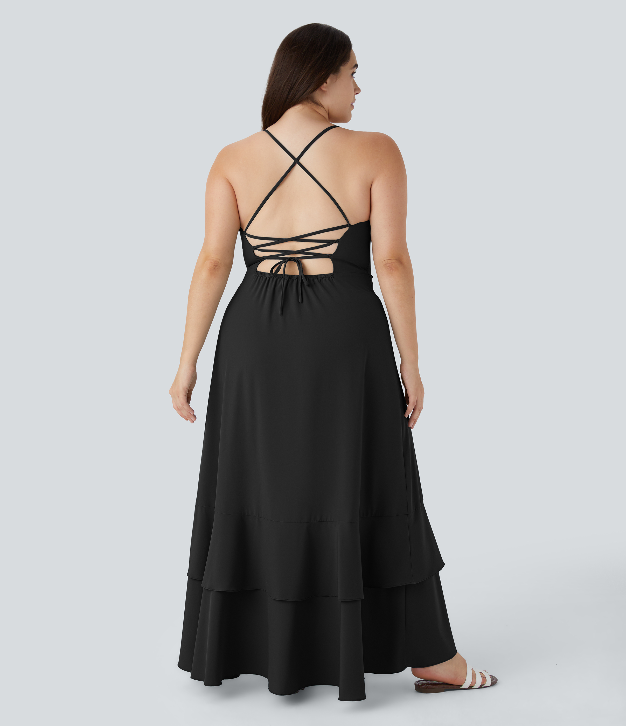 Negro Vestido Breezeful™ sin espalda cruzada cordones cremallera volantes maxi secado rápido talla plus / 2