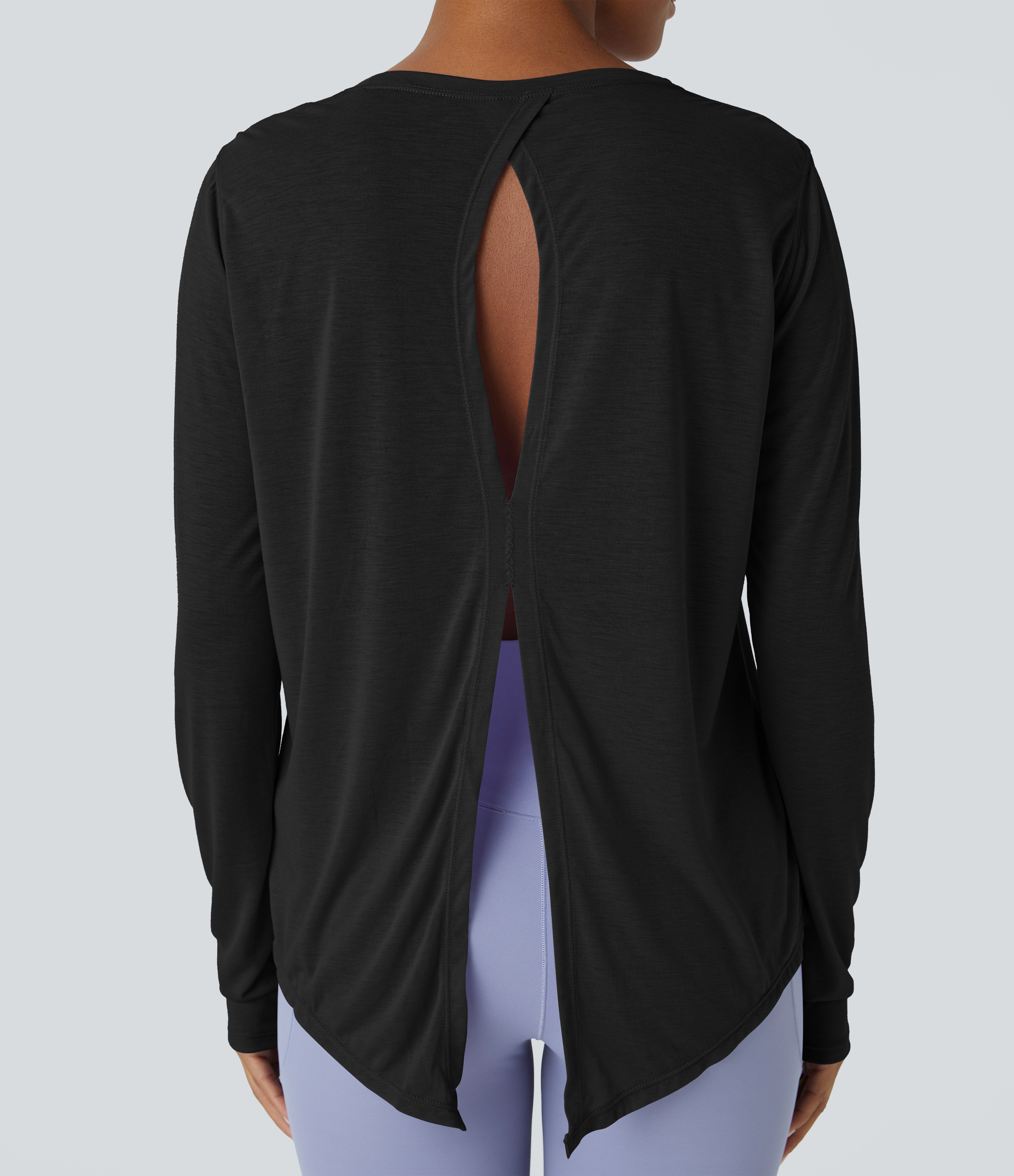Halara Round Neck Long Sleeve Cut Out Split Tie Back Yoga Sports Top  - Black - XS 
