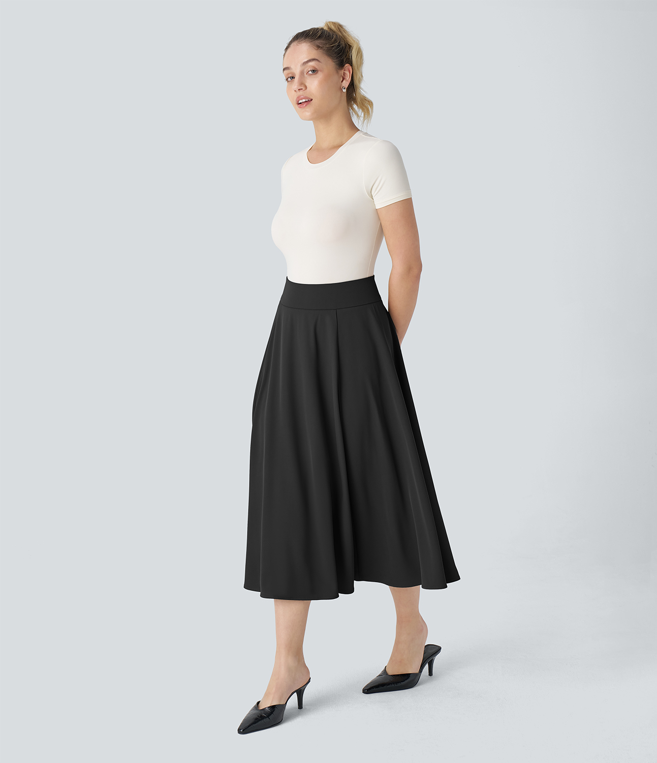 Halara High Waisted Back Invisible Zipper Flare Midi Work Skirt  - Black - L(regular) 