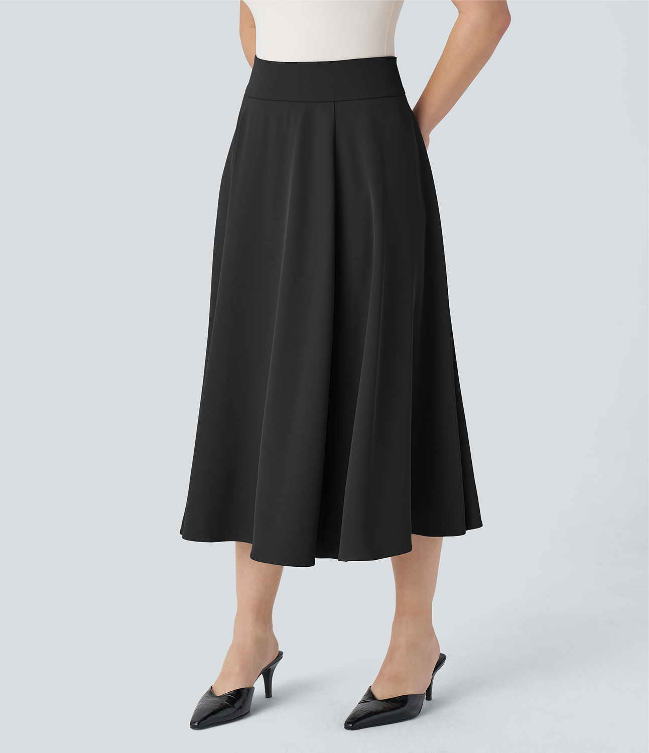 Halara High Waisted Back Invisible Zipper Flare Midi Work Skirt  - Black - L(regular) 