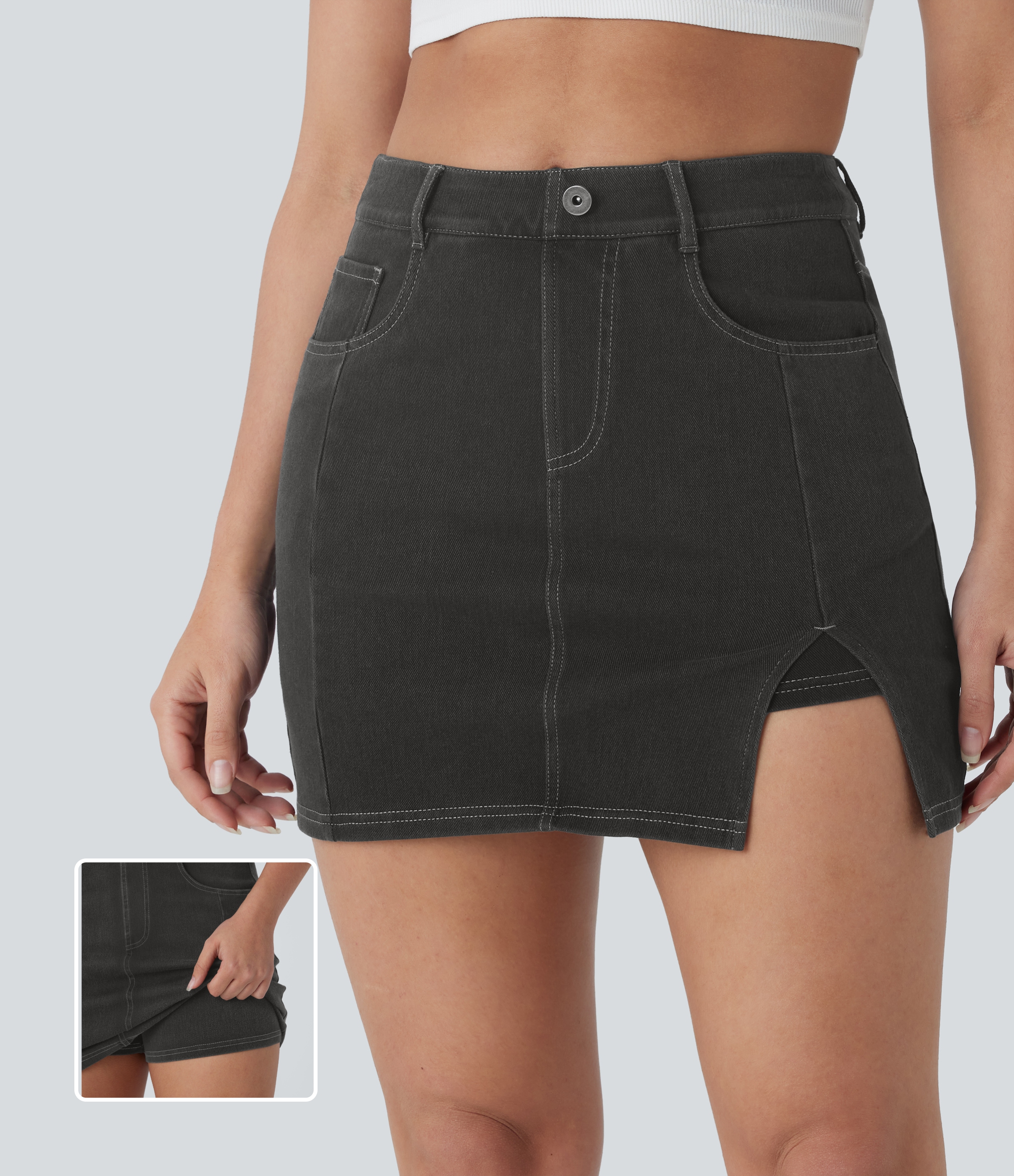 Halara Flex™ - Figurbetonter, verwaschener 2-in-1 Jeansrock aus elastischem Strick-Denim mit hohem Bund, mehreren Taschen und Schlitz