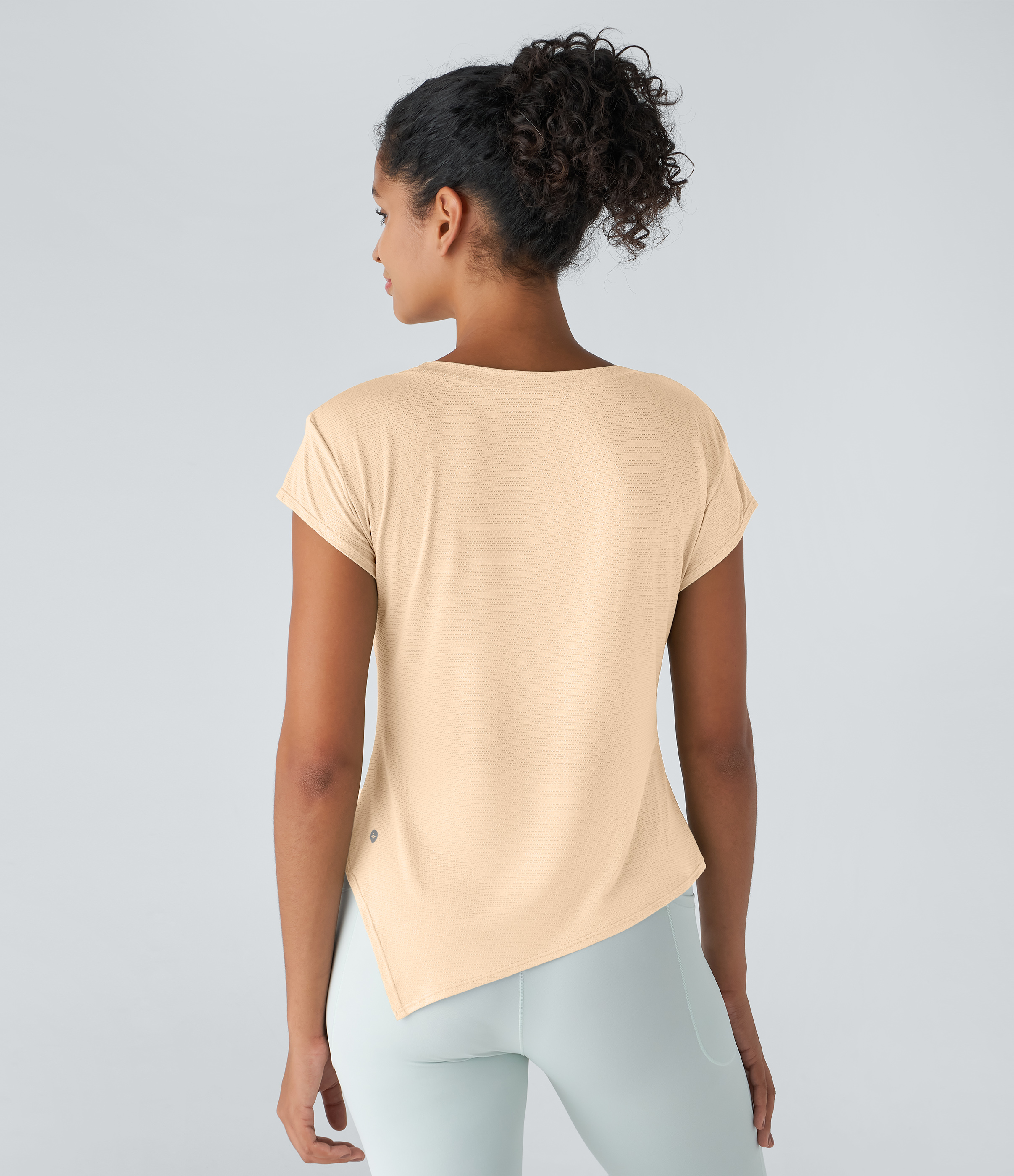 Halara Sheer Round Neck Short Sleeve Split Asymmetric Hem Jacquard Yoga Sports Top  - Dawn - XL 