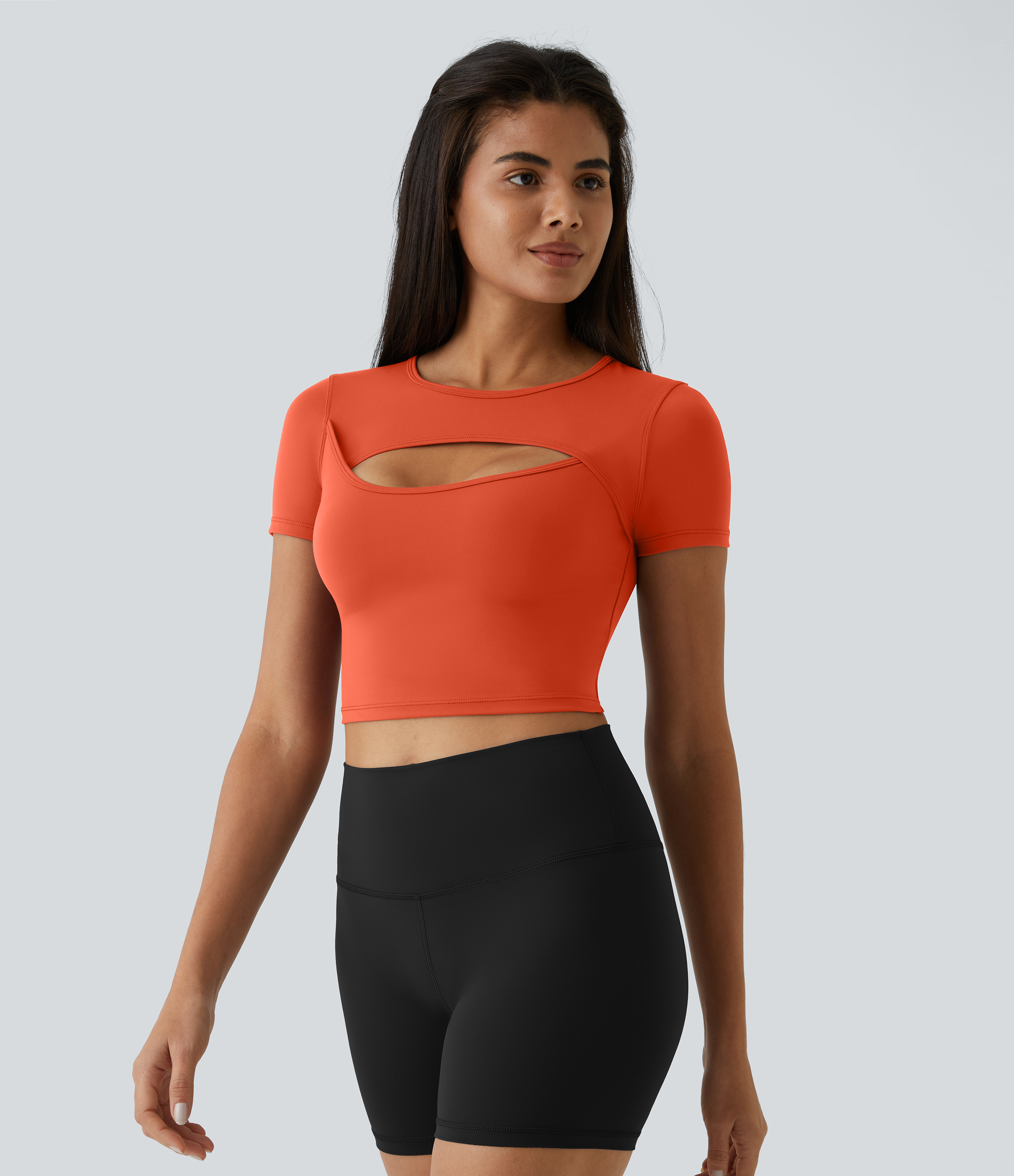 Halara Cloudfulв„ў Fabric Round Neck Cut Out Short Sleeve Cropped Barre Ballet Dance Sports Top  - Tigerlily - M 