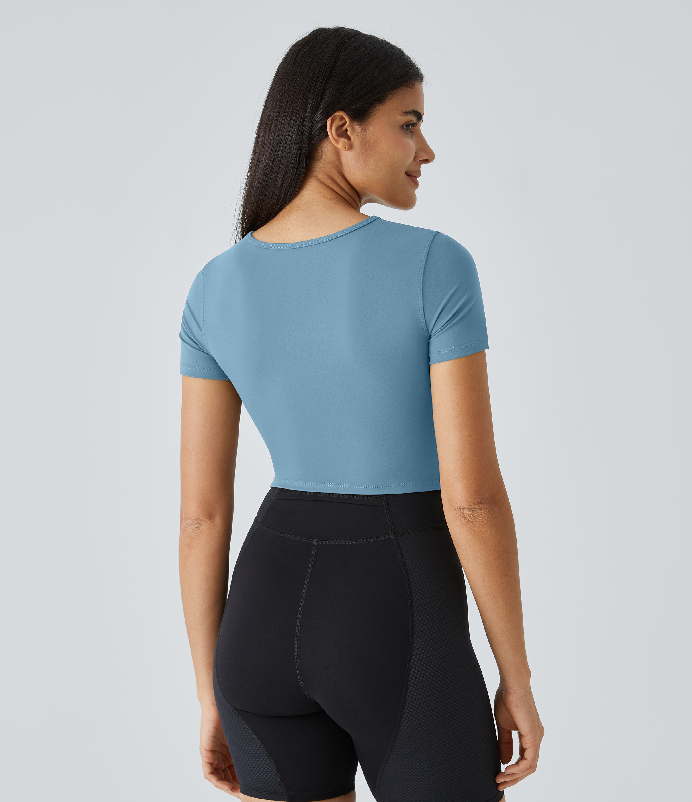 Halara Cloudfulв„ў Fabric Round Neck Cut Out Short Sleeve Cropped Barre Ballet Dance Sports Top  - Warm Mid Blue - M 