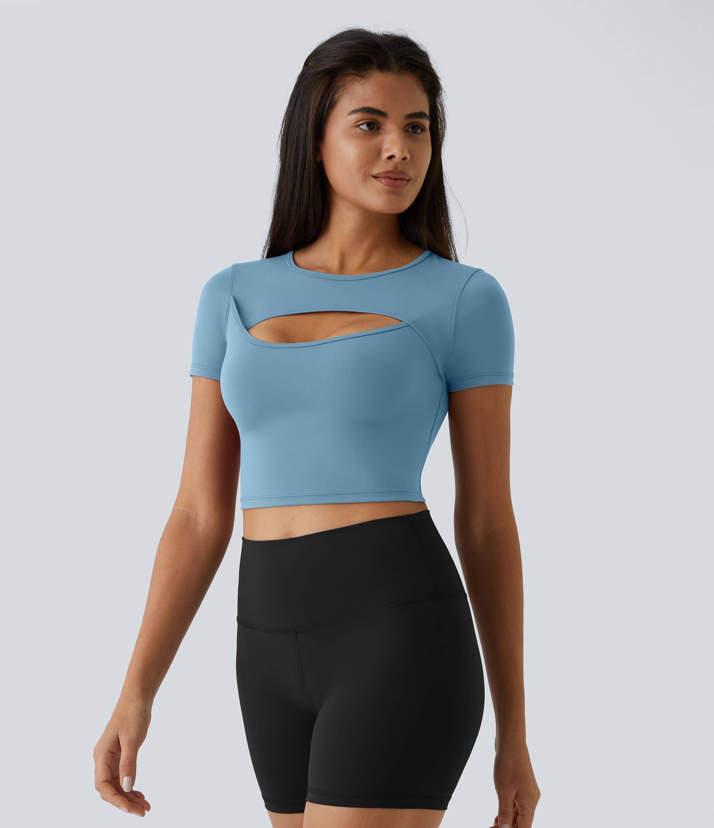 Halara Cloudfulв„ў Fabric Round Neck Cut Out Short Sleeve Cropped Barre Ballet Dance Sports Top  - Warm Mid Blue - M 