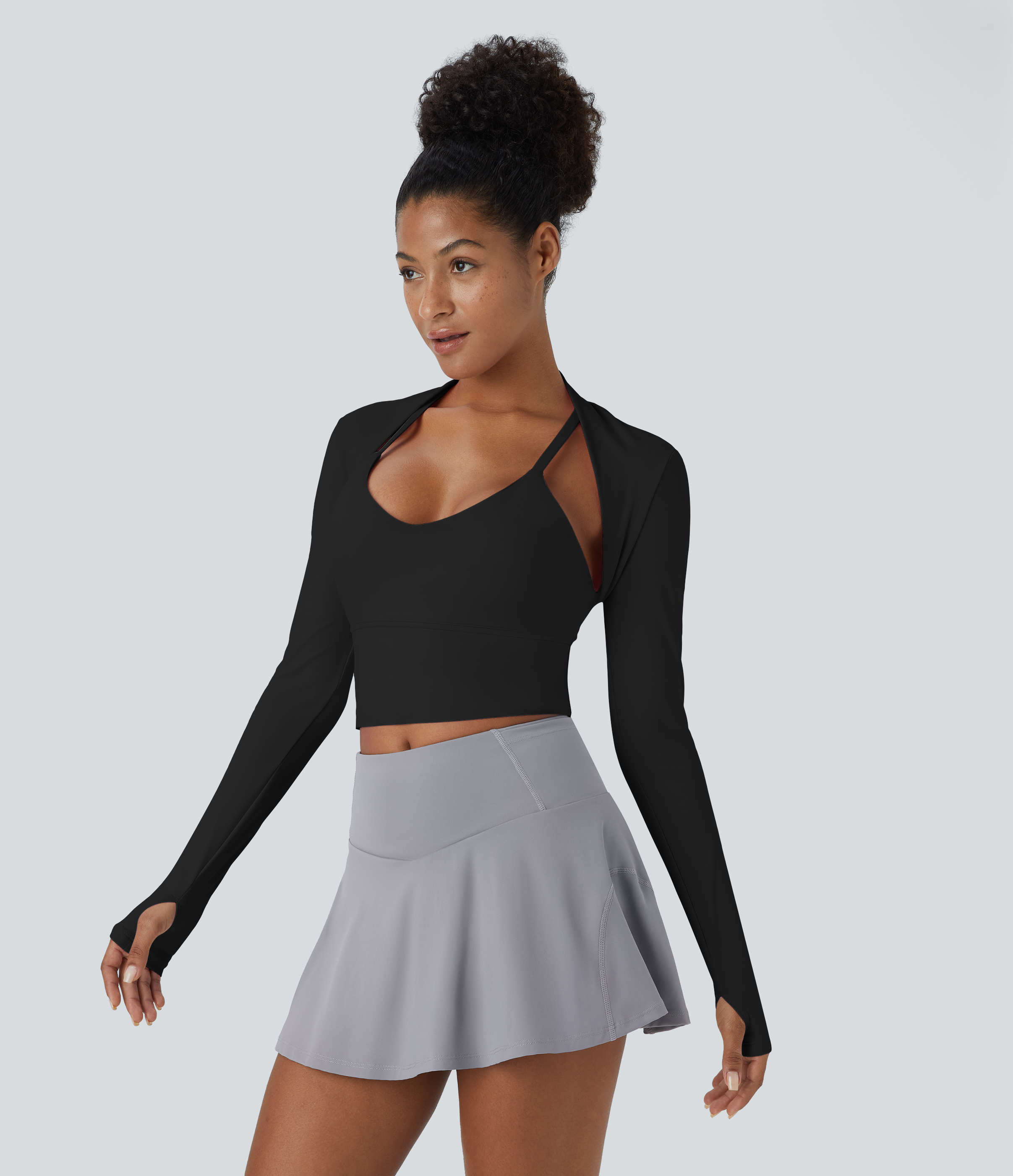 Halara Cloudfulв„ў Air Fabric Solid Thumb Hole Long Sleeve Cropped Cool Touch Golf Sports Top  - Black - XS 