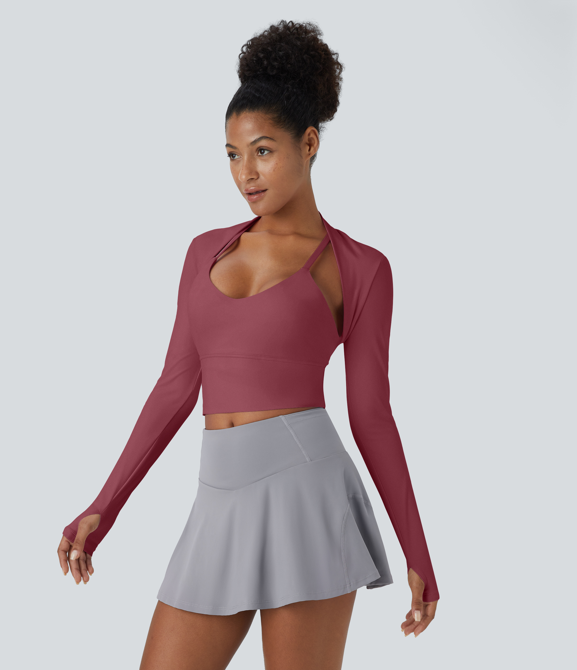 Halara Cloudfulв„ў Air Fabric Solid Thumb Hole Long Sleeve Cropped Cool Touch Golf Sports Top  - Cordovan - L 