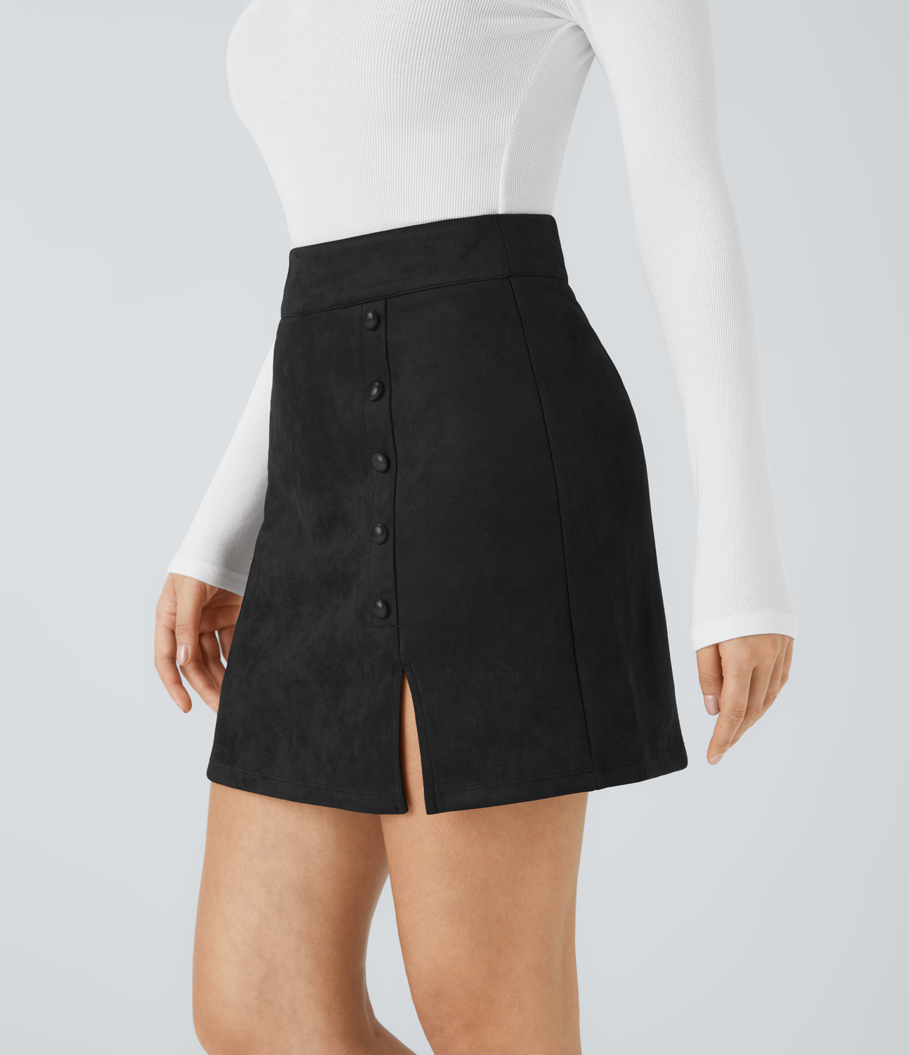 Halara High Waisted Decorative Button Zipper Split Suede Mini Casual Skirt  - Black - S(regular) 
