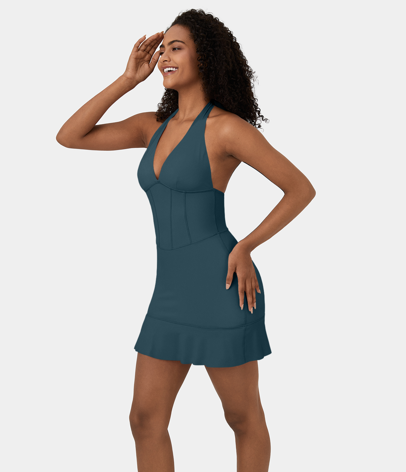 Halara Softlyzeroв„ў Airy Halter Backless Tie Back Corset Ruffle Hem Mini Cool Touch Casual Dress Workout Dress - Ink Green - M 