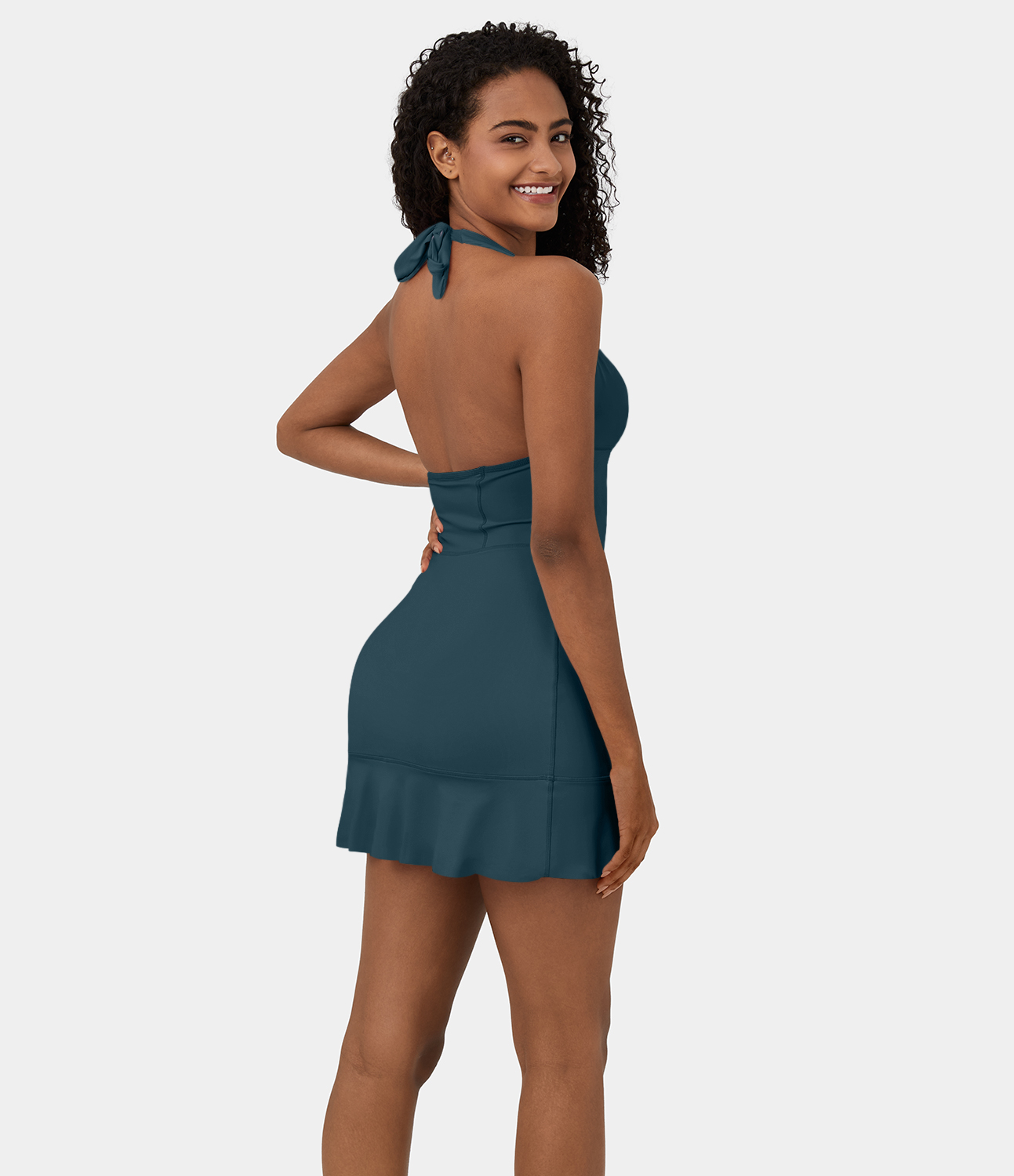 Halara Softlyzeroв„ў Airy Halter Backless Tie Back Corset Ruffle Hem Mini Cool Touch Casual Dress Workout Dress - Ink Green - M 