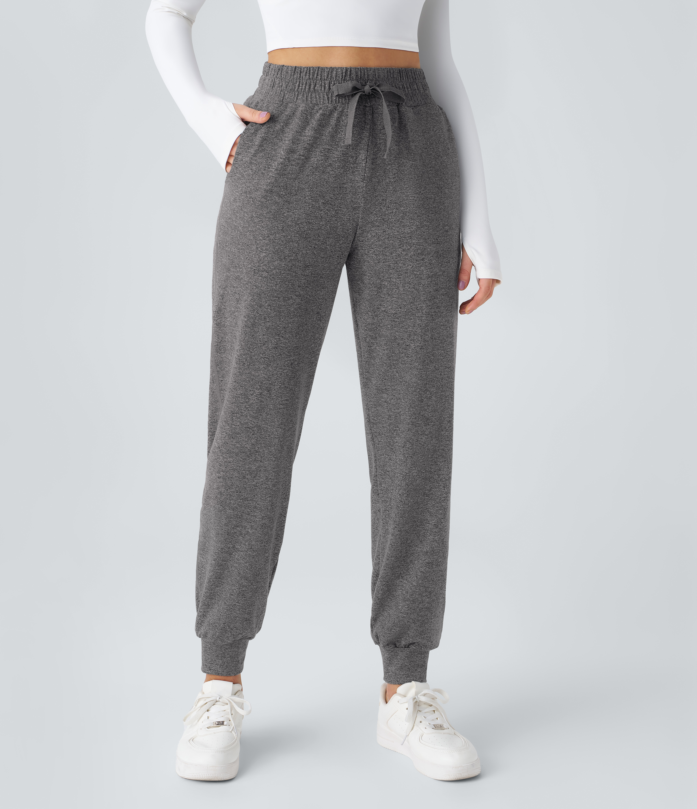 Mottled Light Grey ハイウエスト ドローストリング サイドポケット ルーシュ ヨガ ジョガー / 2