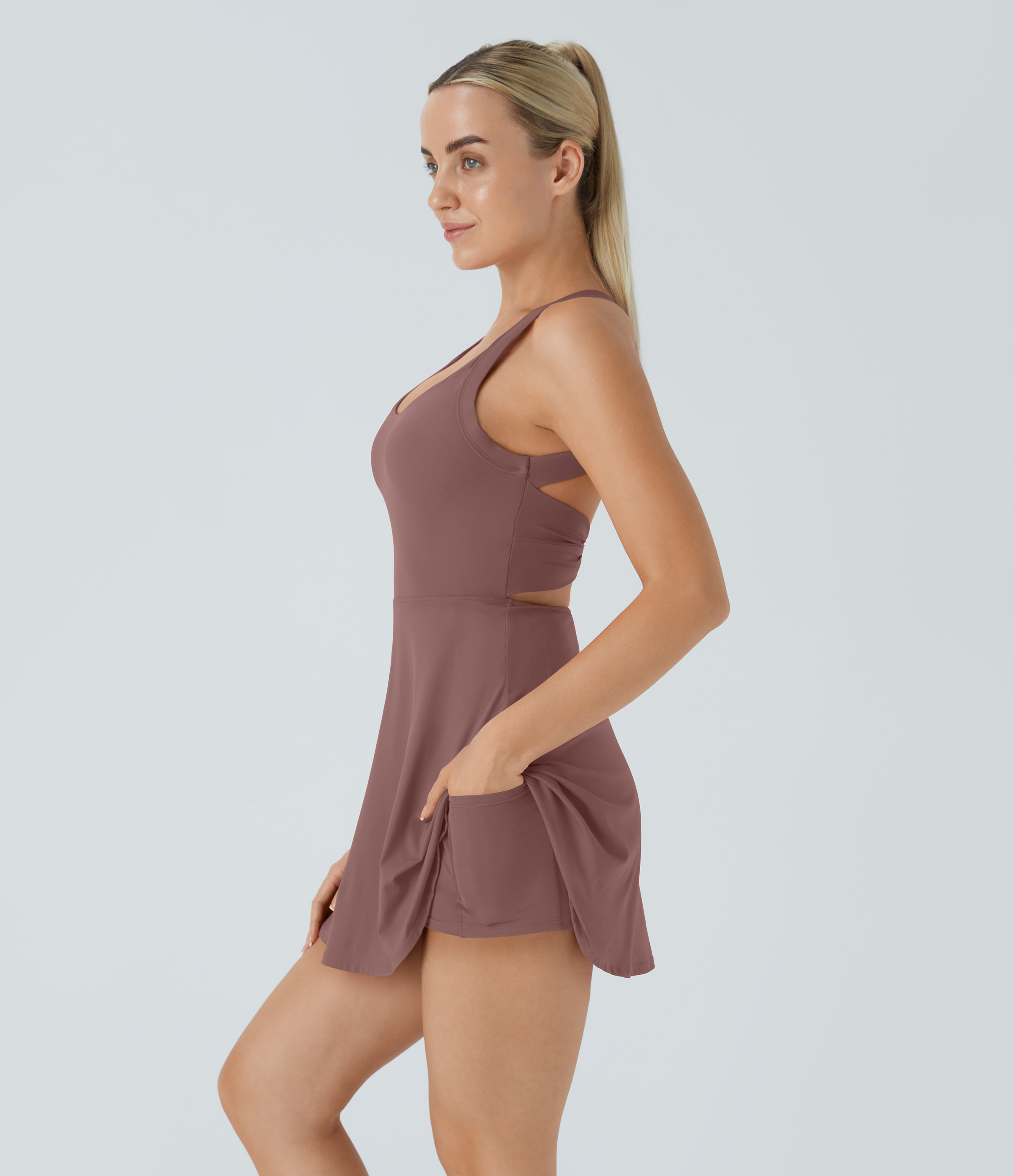 Halara Backless Cut Out Twisted Side Pocket 2-in-1 Mini Barre Ballet Dance Dress Workout Dress - Deep Tea Brown - XL 