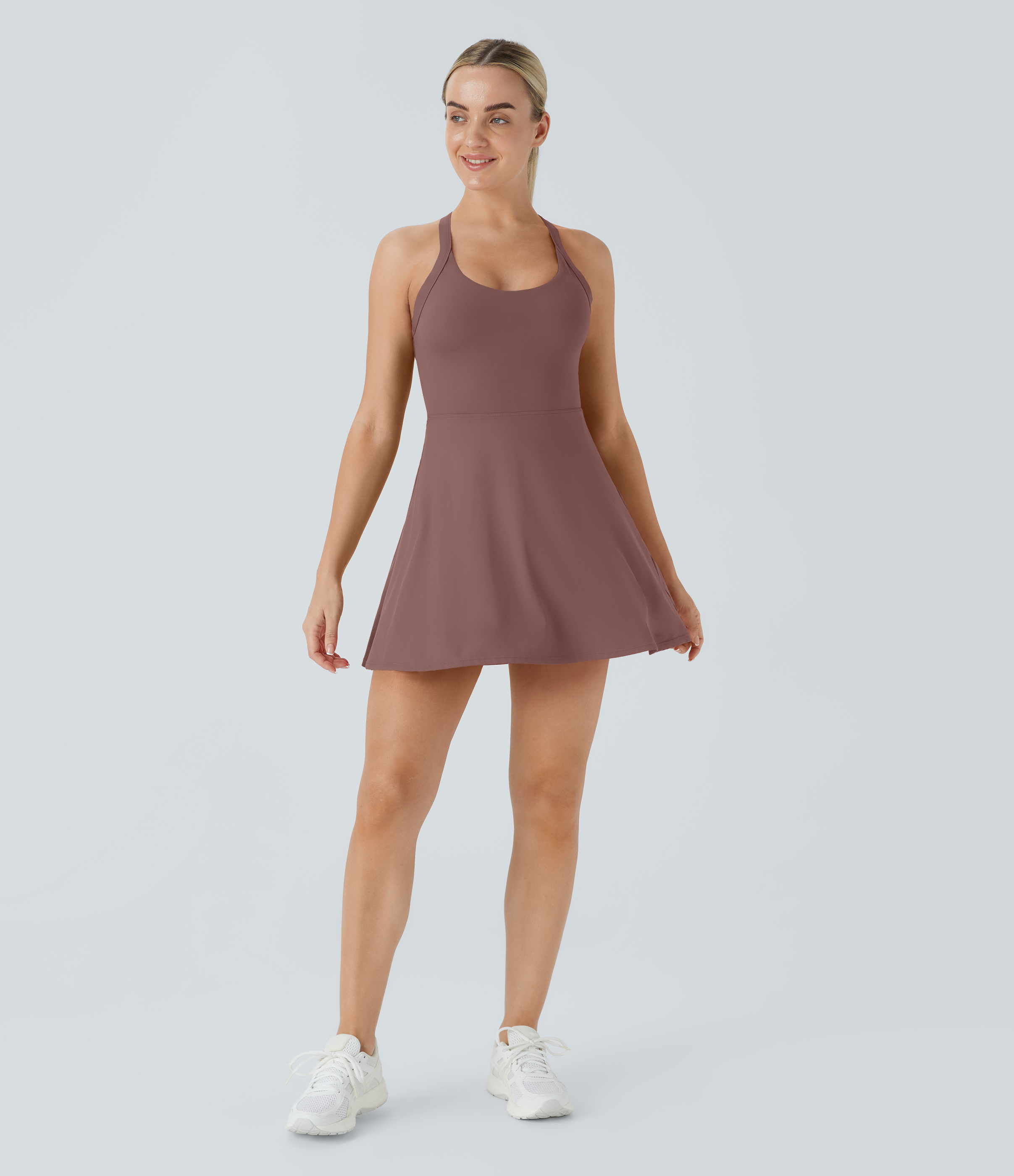 Halara Backless Cut Out Twisted Side Pocket 2-in-1 Mini Barre Ballet Dance Dress Workout Dress - Deep Tea Brown - XL 