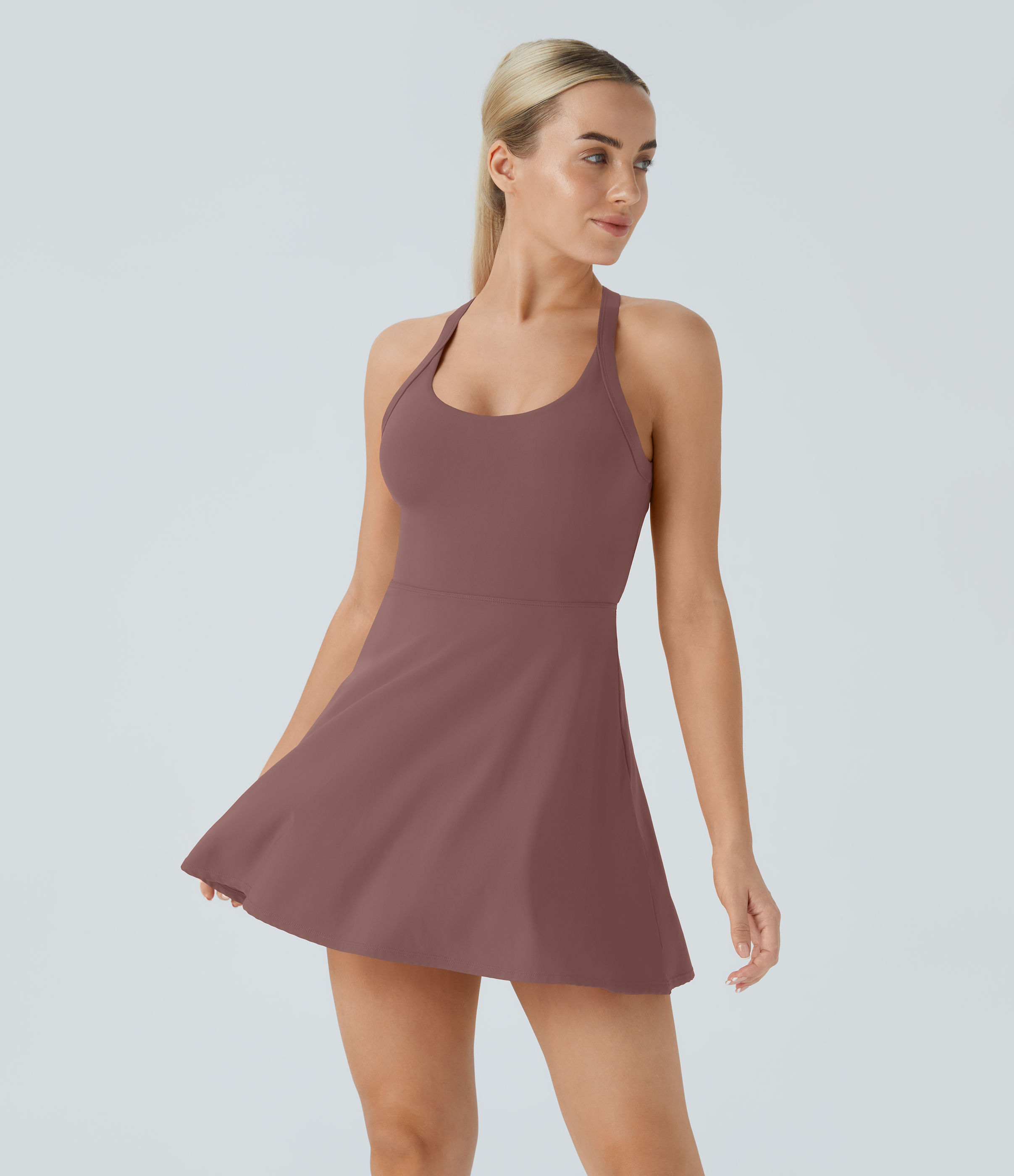 Halara Backless Cut Out Twisted Side Pocket 2-in-1 Mini Barre Ballet Dance Dress Workout Dress - Deep Tea Brown - XL 
