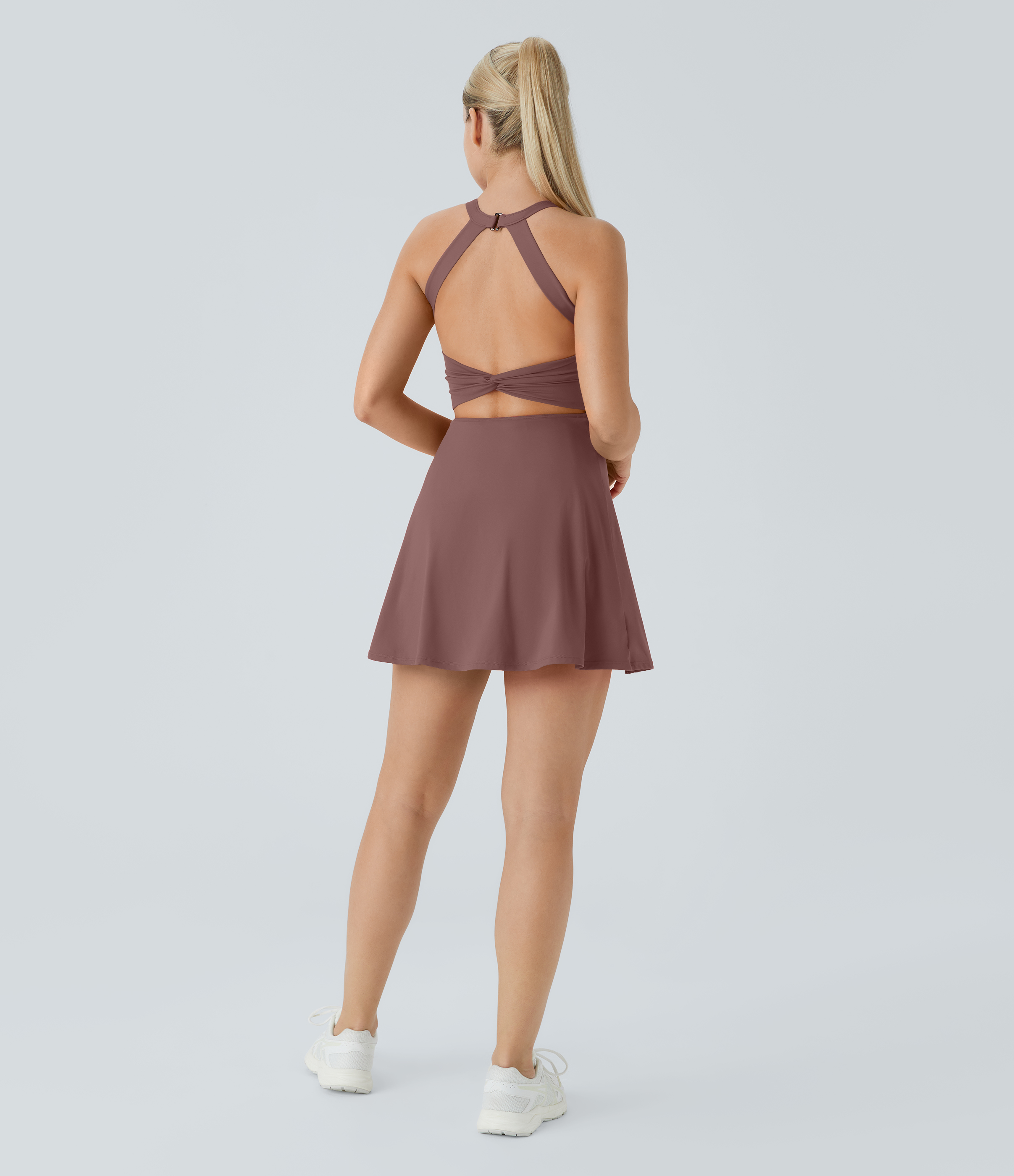 Halara Backless Cut Out Twisted Side Pocket 2-in-1 Mini Barre Ballet Dance Dress Workout Dress - Deep Tea Brown - XL 