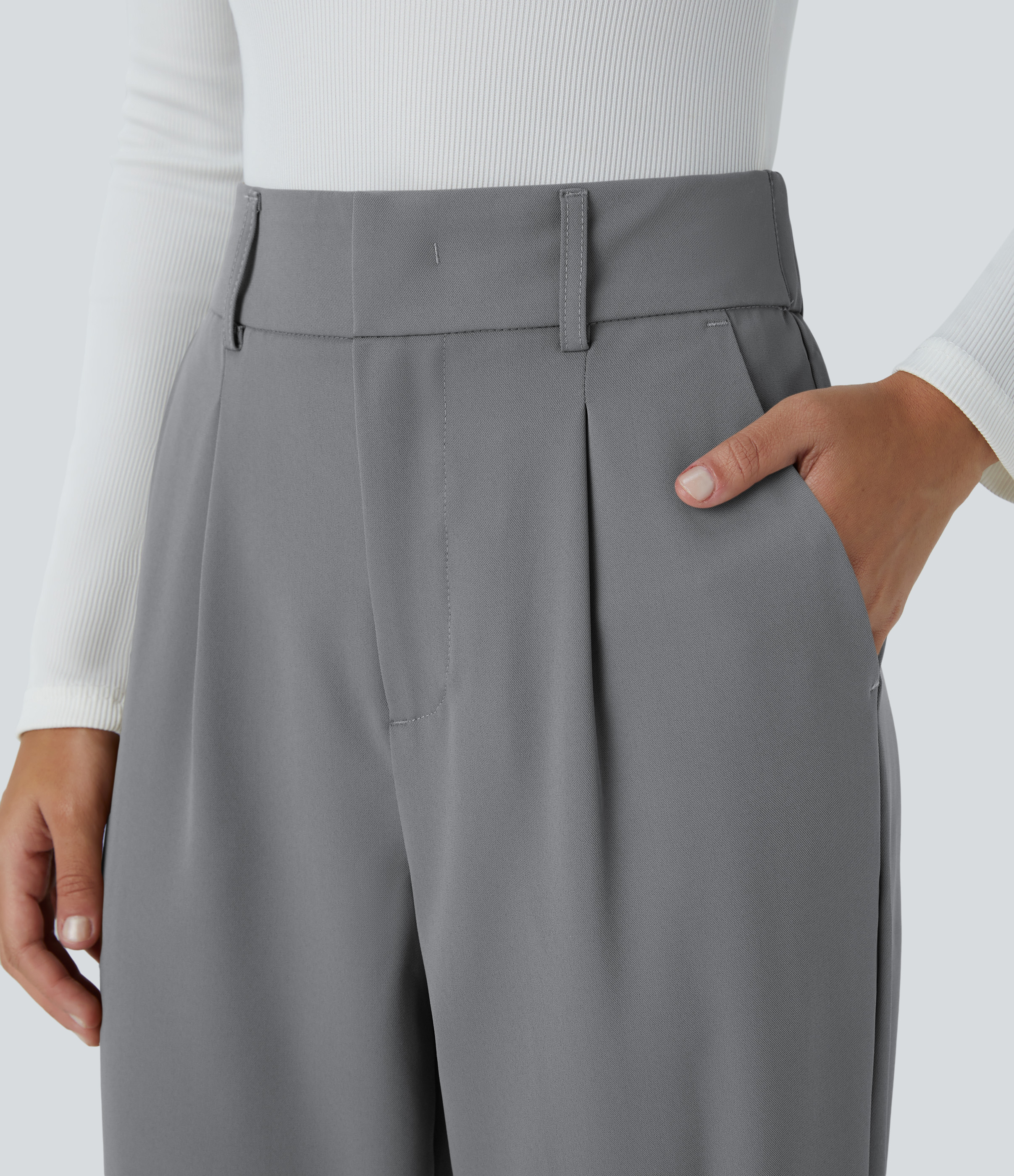 Halara High Waisted Side Pocket Solid Work Tapered Pants  - Mockingbird - M(regular) sweatpants jogger pants stacked sweatpants cargo joggers 