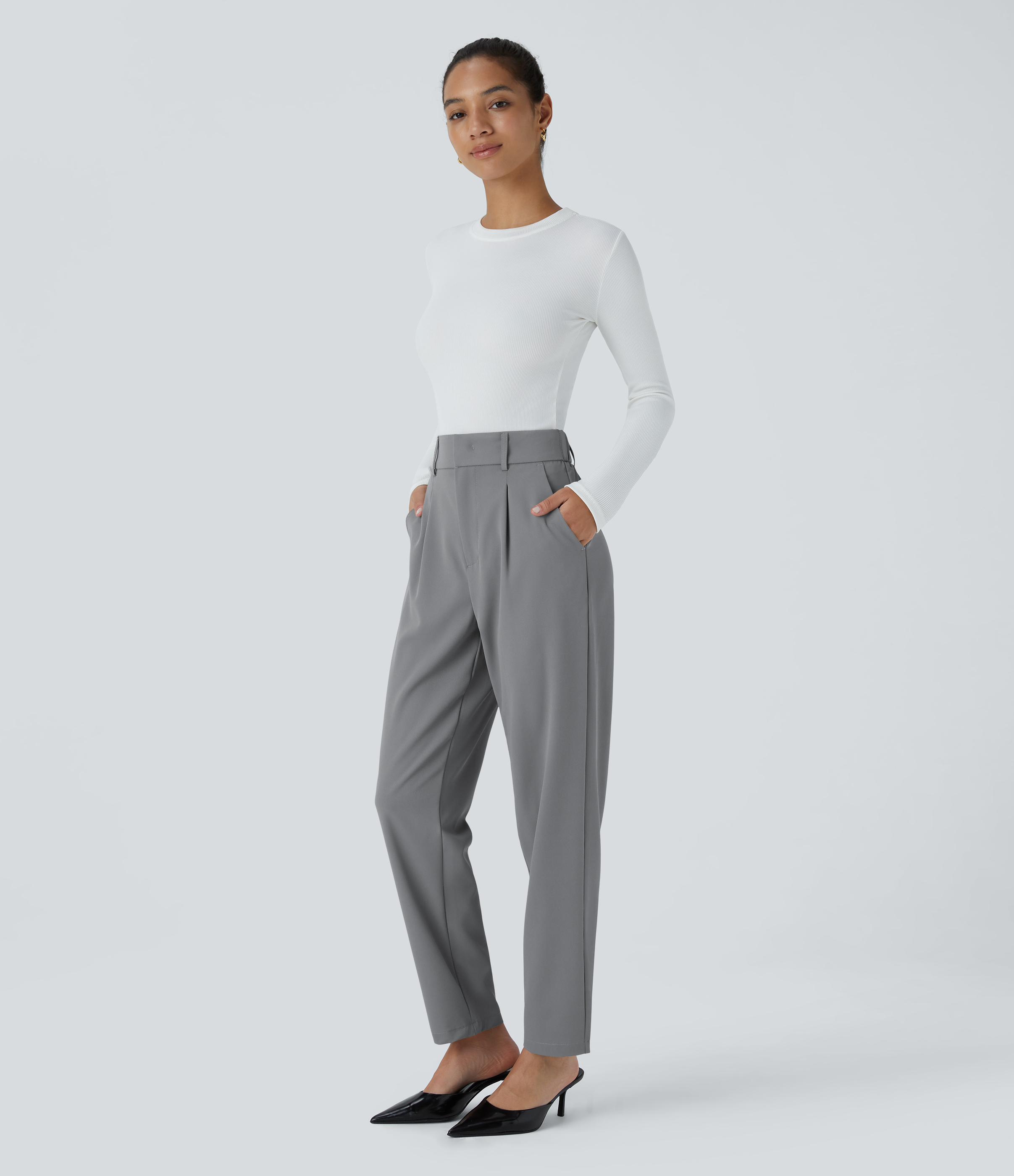 Halara High Waisted Side Pocket Solid Work Tapered Pants  - Mockingbird - M(regular) sweatpants jogger pants stacked sweatpants cargo joggers 