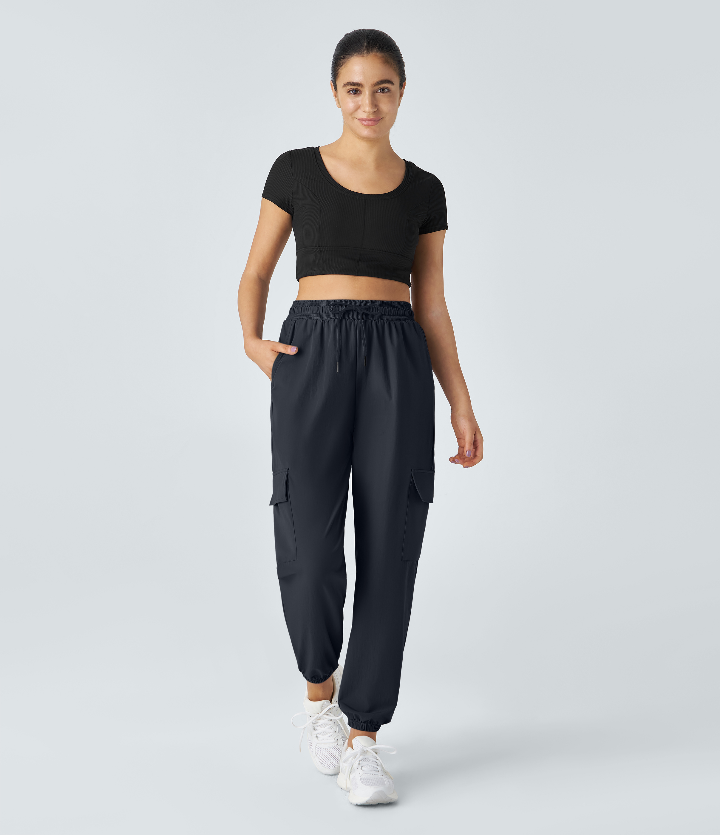 Halara Mid Rise Drawstring Side Pocket Casual Cargo Joggers  - Deep Dark Blue - XS 