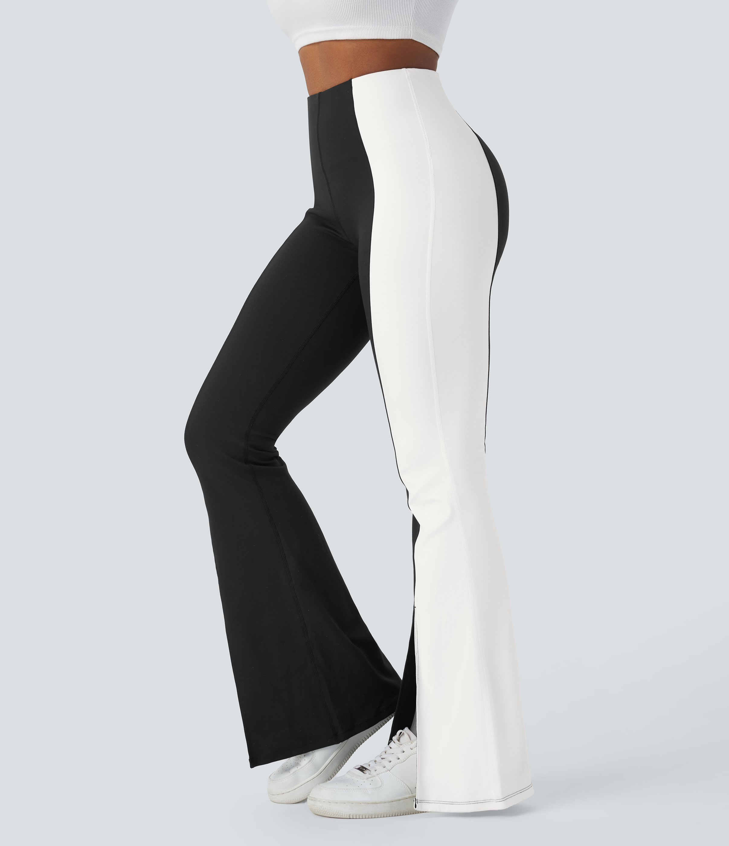 Halara High Waisted Tummy Control Split Hem Color Block Flare Casual Leggings  - Black - XL gym leggings leggings with pockets 