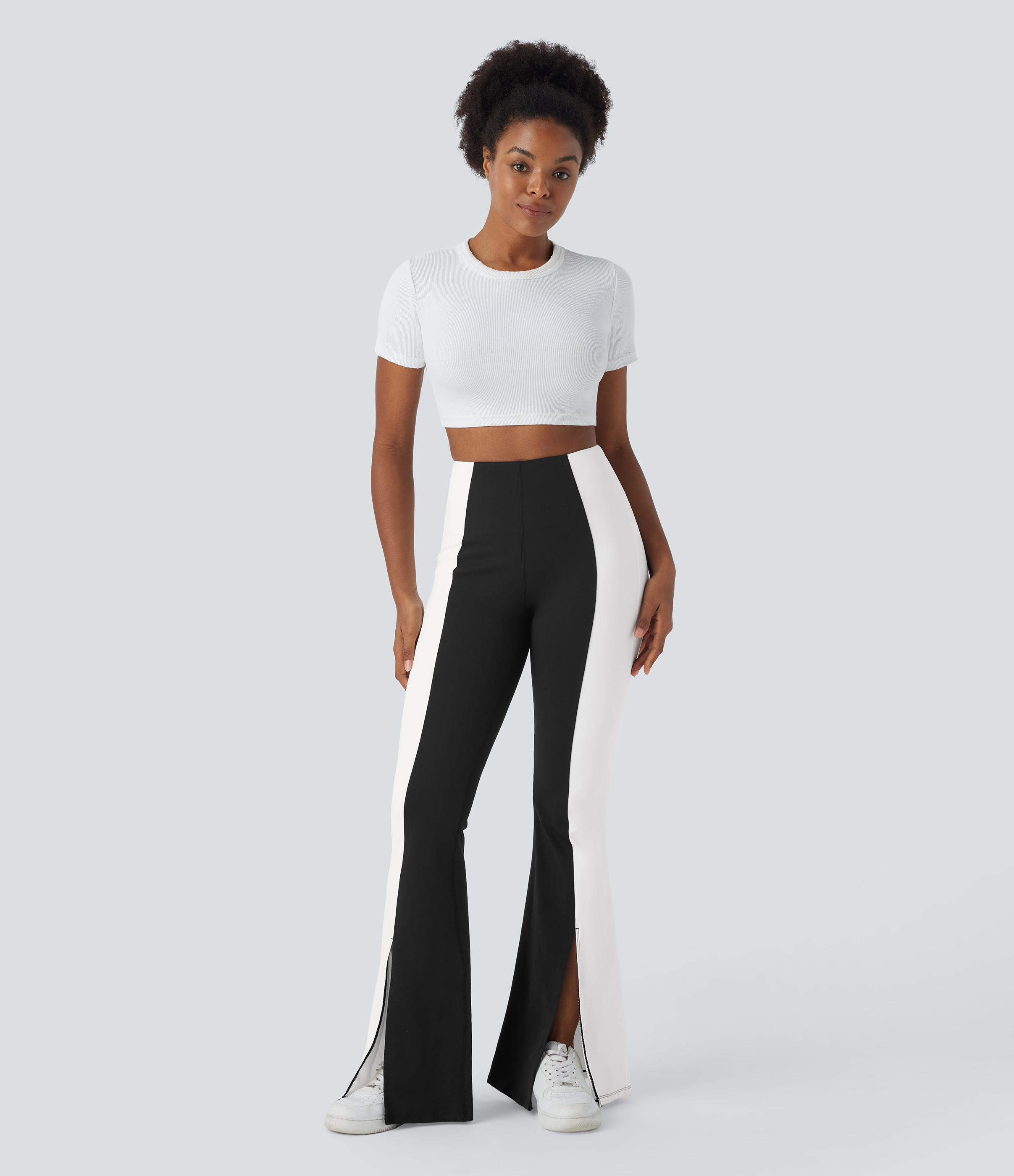 Halara High Waisted Tummy Control Split Hem Color Block Flare Casual Leggings  - Black - XL gym leggings leggings with pockets 