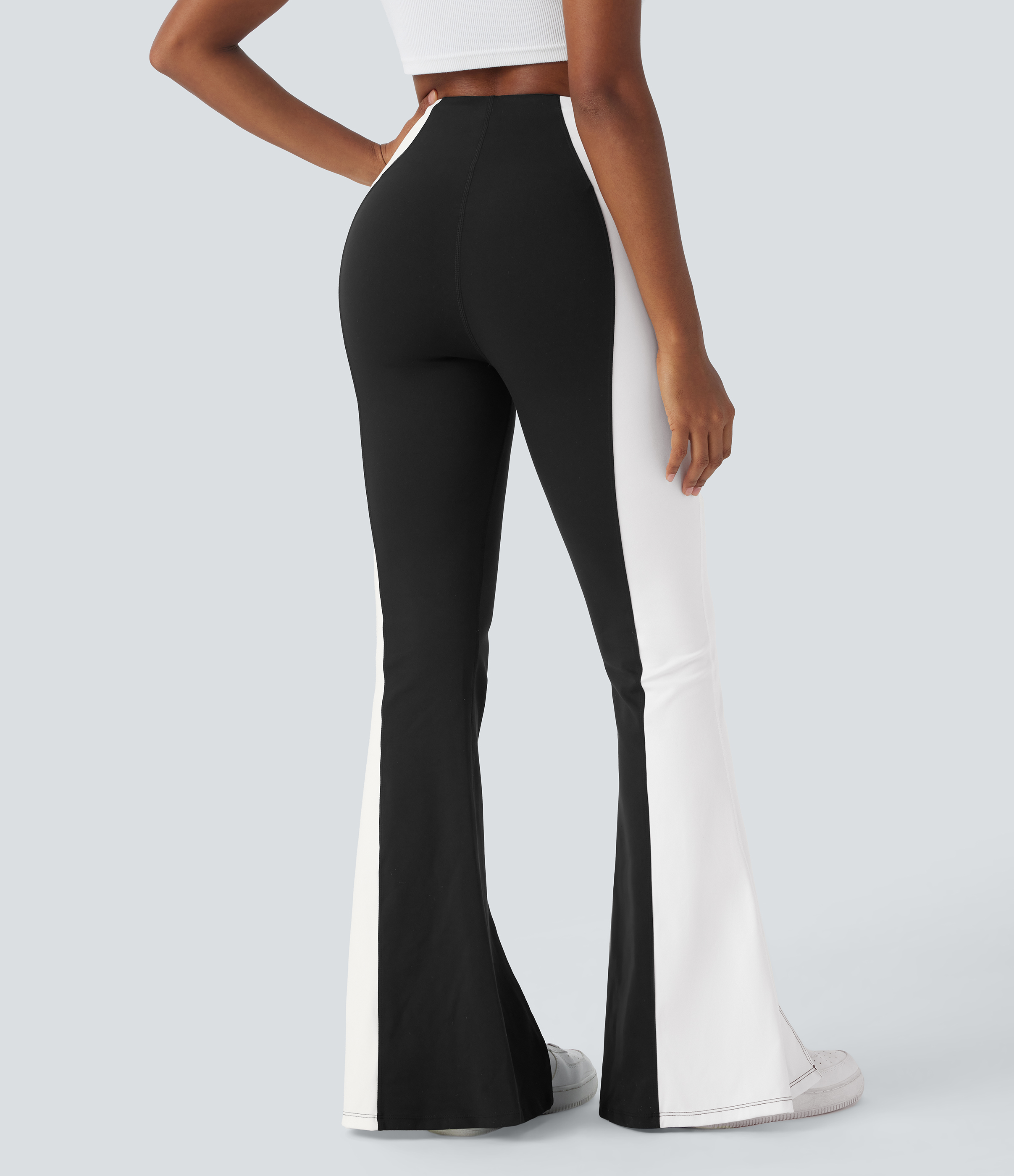 Halara High Waisted Tummy Control Split Hem Color Block Flare Casual Leggings  - Black - XL gym leggings leggings with pockets 