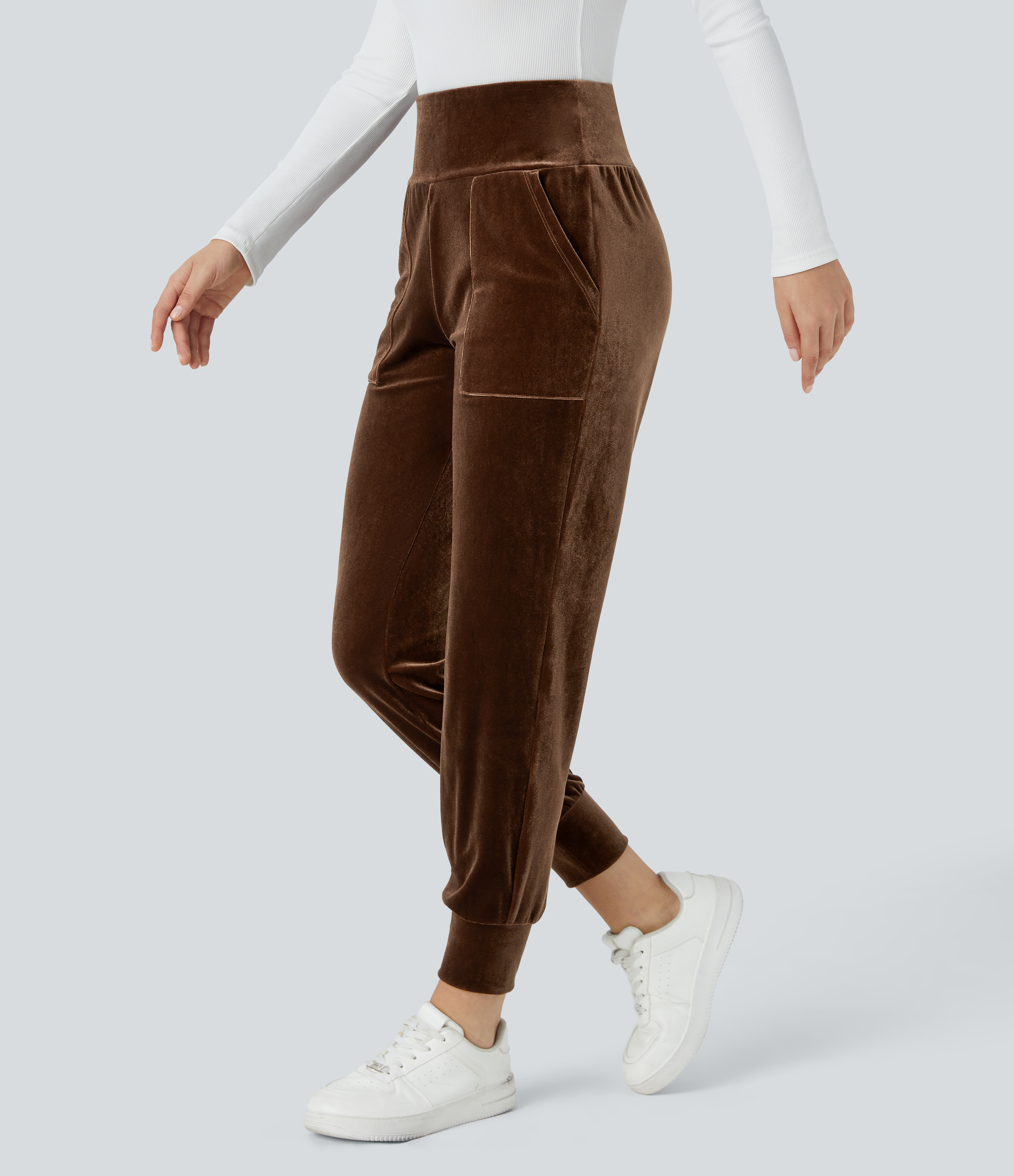 Halara High Waisted Side Pocket Velvet Casual Joggers  - Patina Brown - S(regular) 