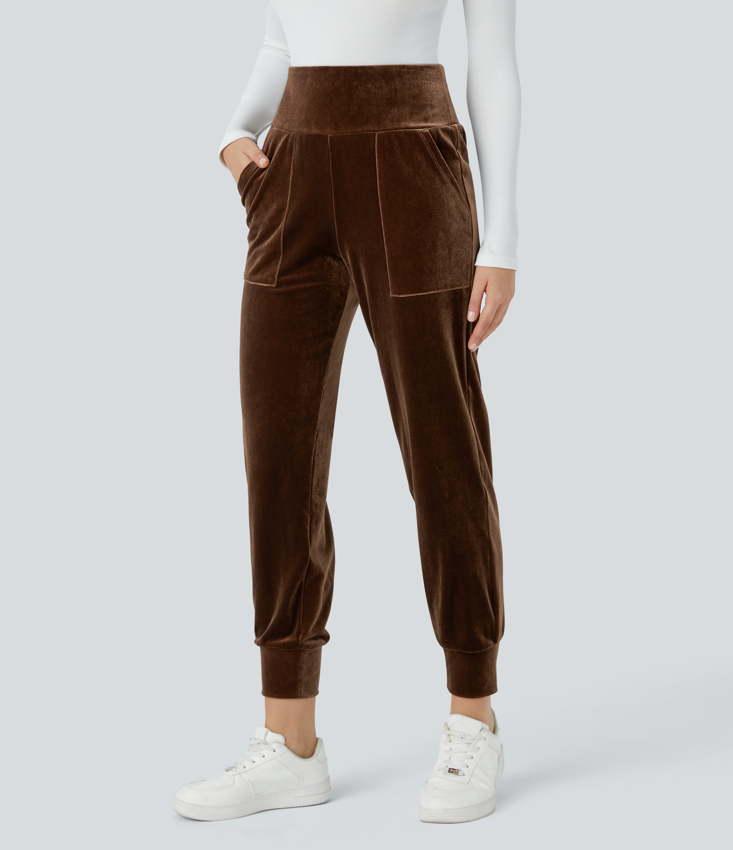 Halara High Waisted Side Pocket Velvet Casual Joggers  - Patina Brown - S(regular) 