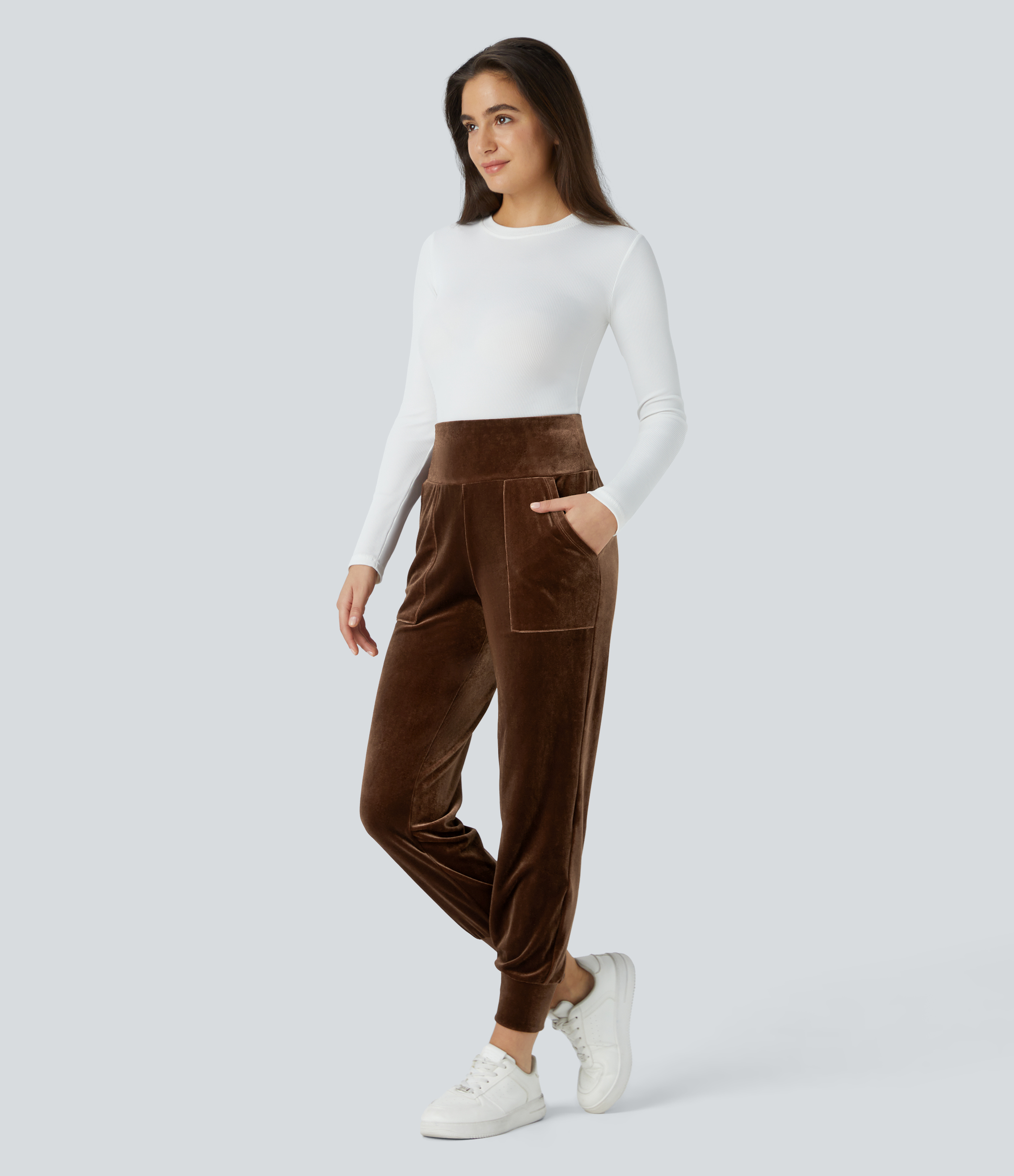 Halara High Waisted Side Pocket Velvet Casual Joggers  - Patina Brown - S(regular) 