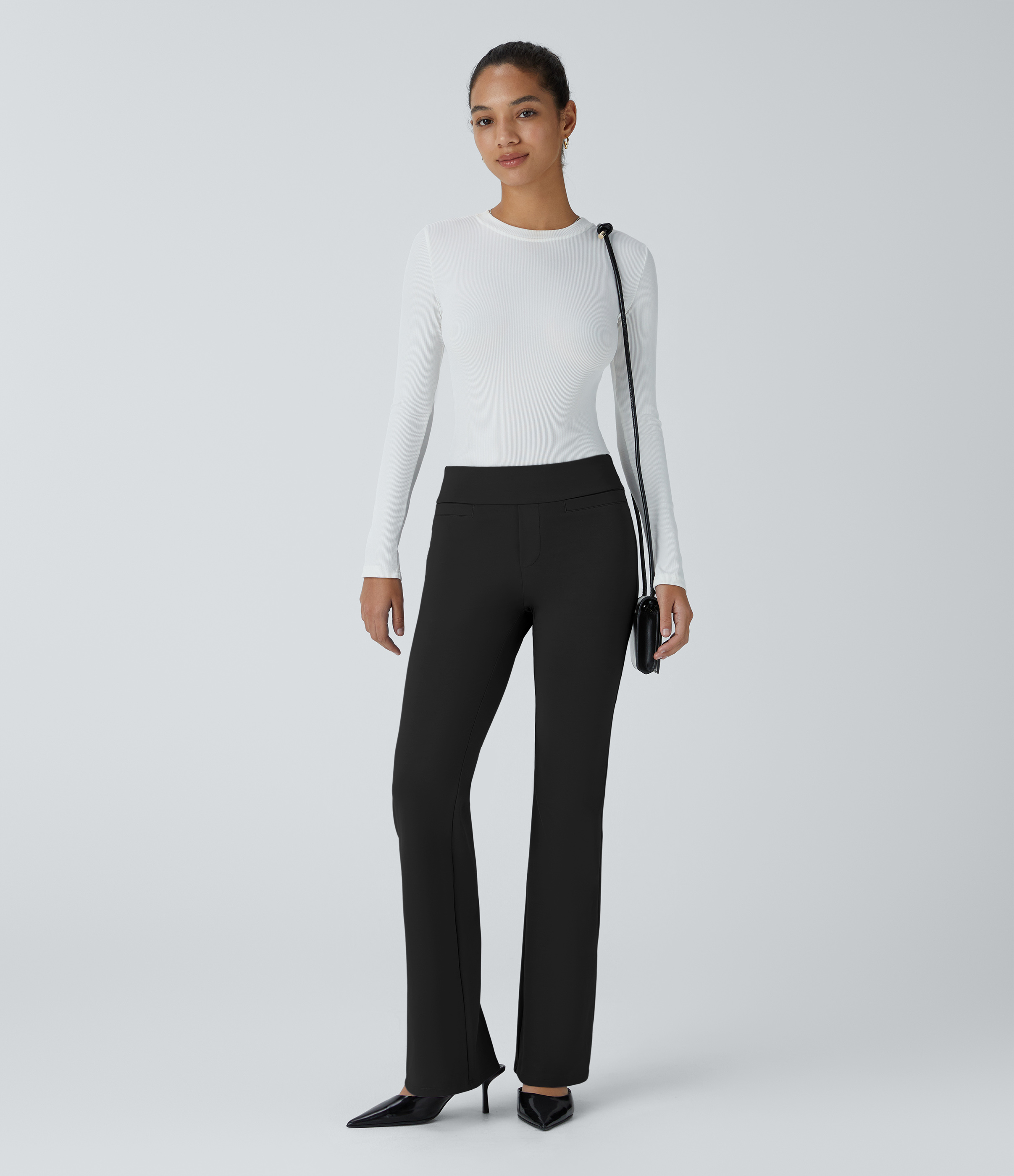 Halara Mid Rise Back Side Pocket Slight Flare Work Pants  - Black - L(regular) sweatpants jogger pants stacked sweatpants cargo joggers 