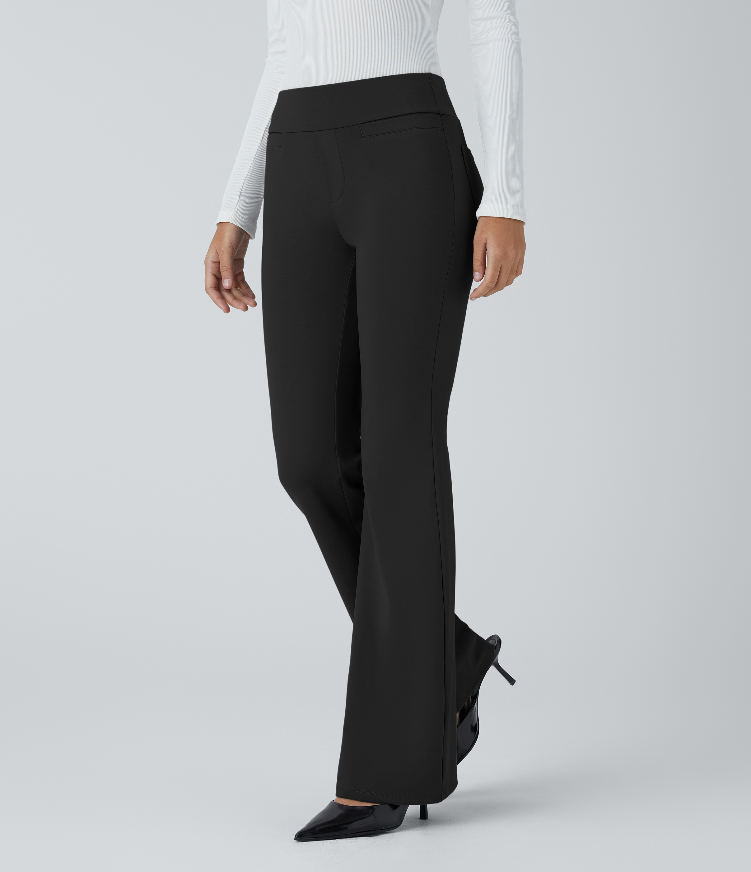 Halara Mid Rise Back Side Pocket Slight Flare Work Pants  - Black - L(regular) sweatpants jogger pants stacked sweatpants cargo joggers 