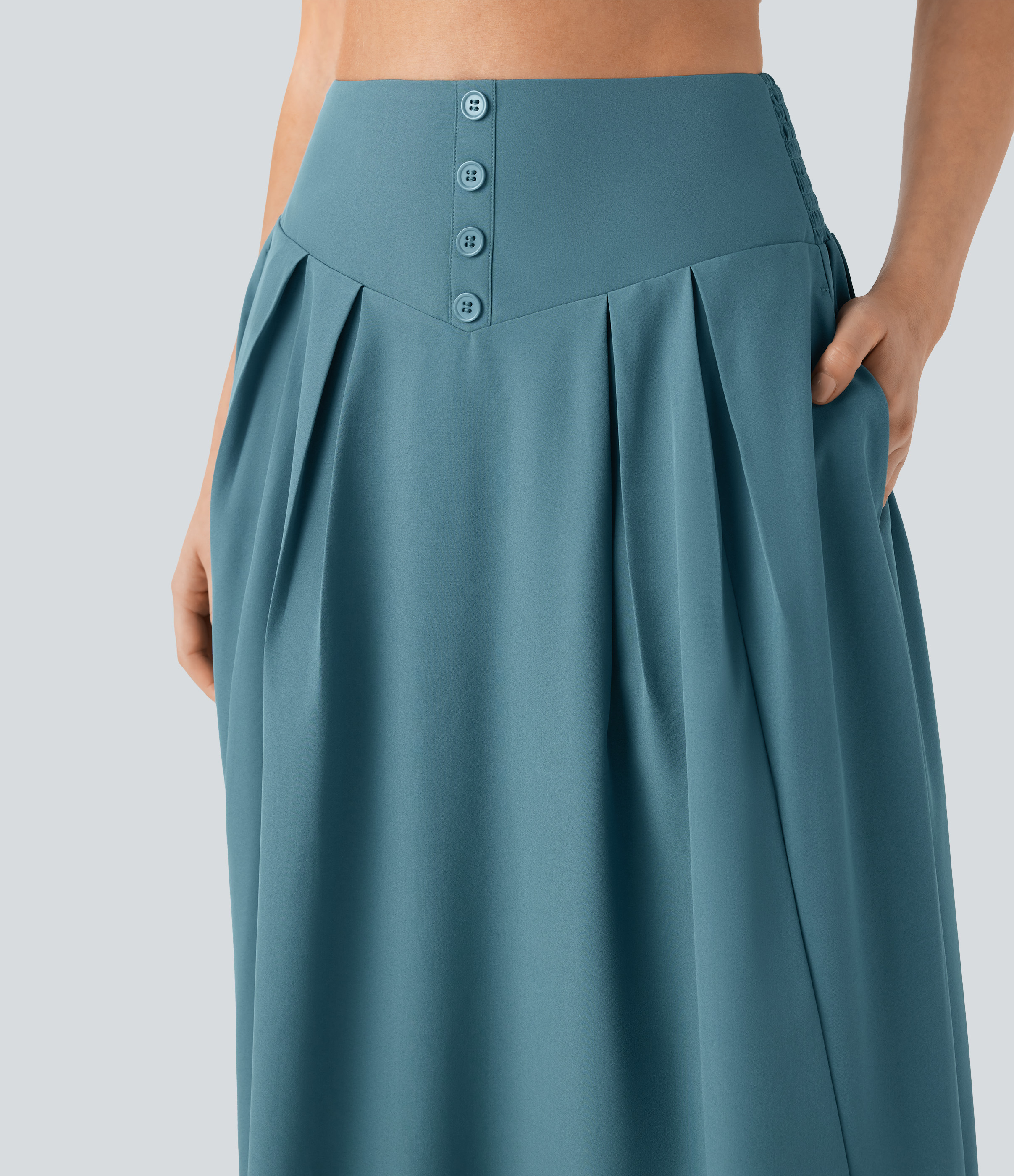 Halara High Waisted Decorative Button Side Pocket Shirred Flowy Maxi Resort Skirt  - Shadow Blue - XS(regular) 