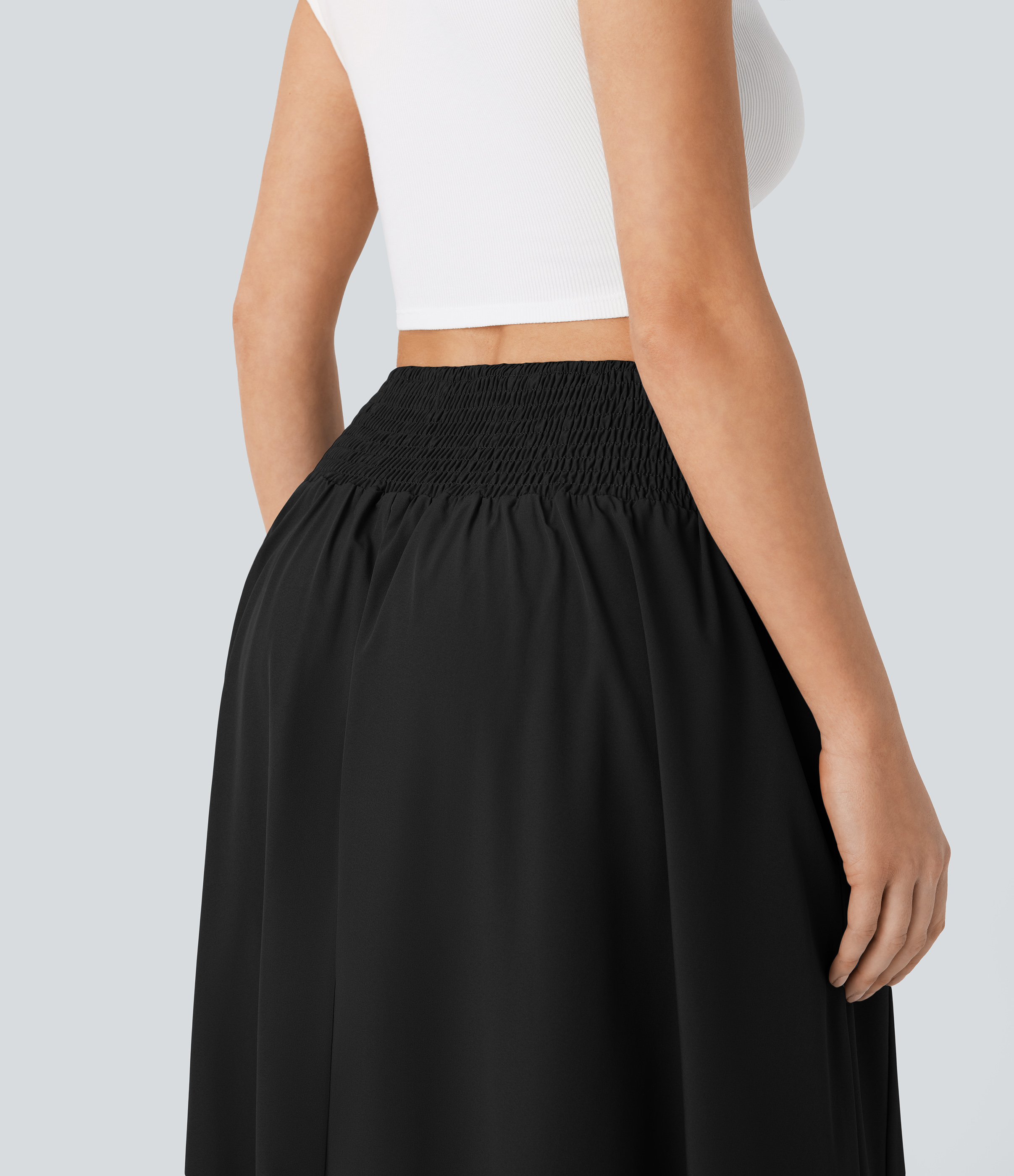 Halara High Waisted Decorative Button Side Pocket Shirred Flowy Maxi Resort Skirt  - Black - L(regular) 