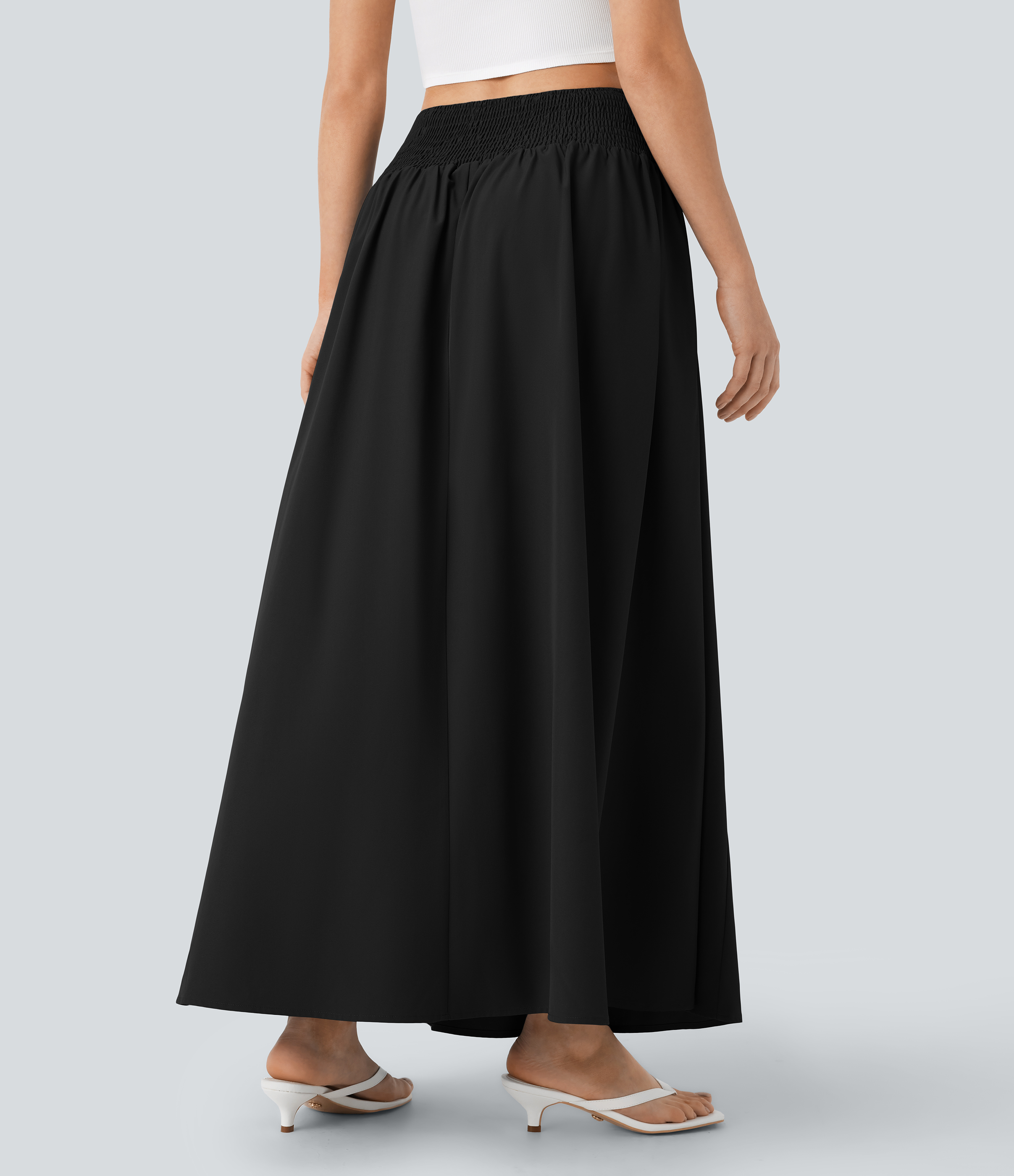 Halara High Waisted Decorative Button Side Pocket Shirred Flowy Maxi Resort Skirt  - Black - L(regular) 