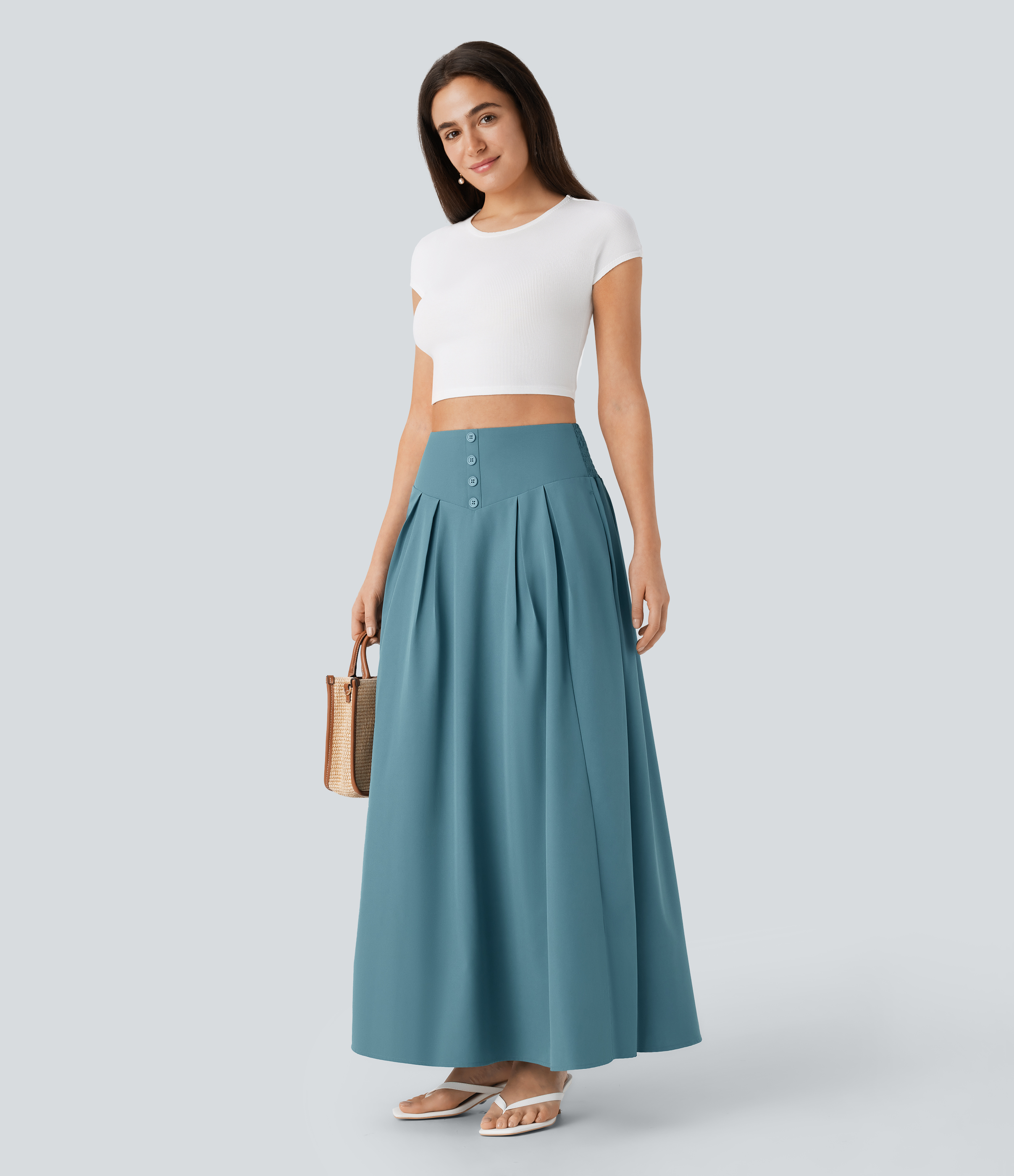 Halara High Waisted Decorative Button Side Pocket Shirred Flowy Maxi Resort Skirt  - Shadow Blue - XS(regular) 