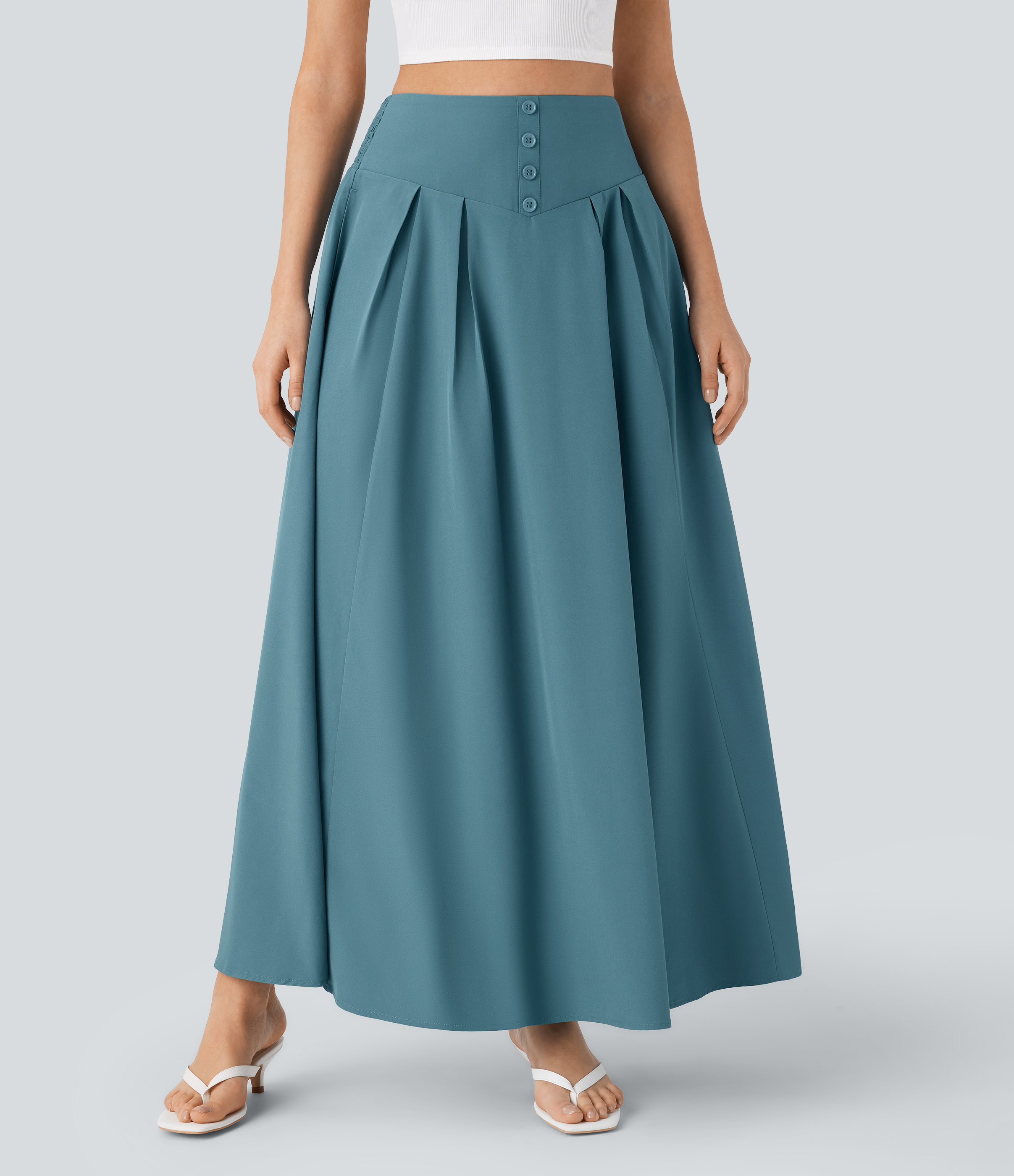 Halara High Waisted Decorative Button Side Pocket Shirred Flowy Maxi Resort Skirt  - Shadow Blue - XS(regular) 