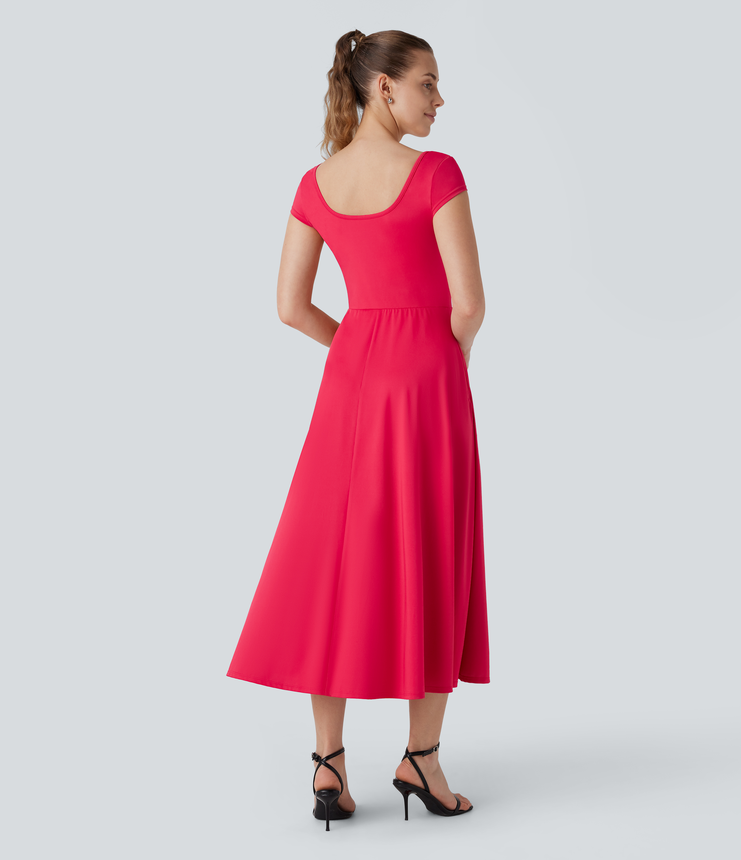 Halara Square Neck Short Sleeve Side Pocket Flowy Midi Casual Dress Casual Dress - Hibiscus - XS slip dress beach dress ruched dress 