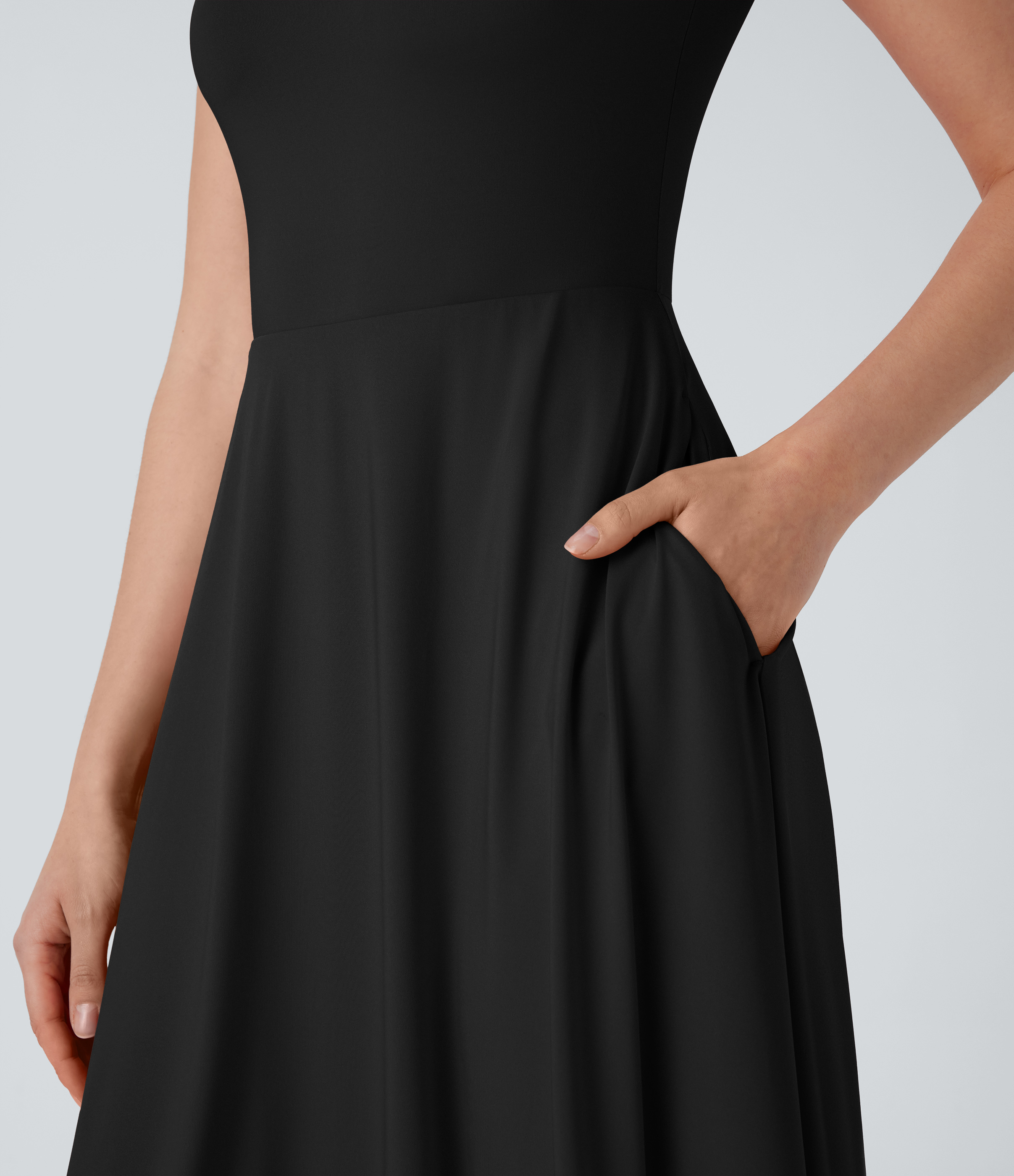 Halara Square Neck Short Sleeve Side Pocket Flowy Midi Casual Dress Casual Dress - Black - S slip dress beach dress ruched dress halter dress 