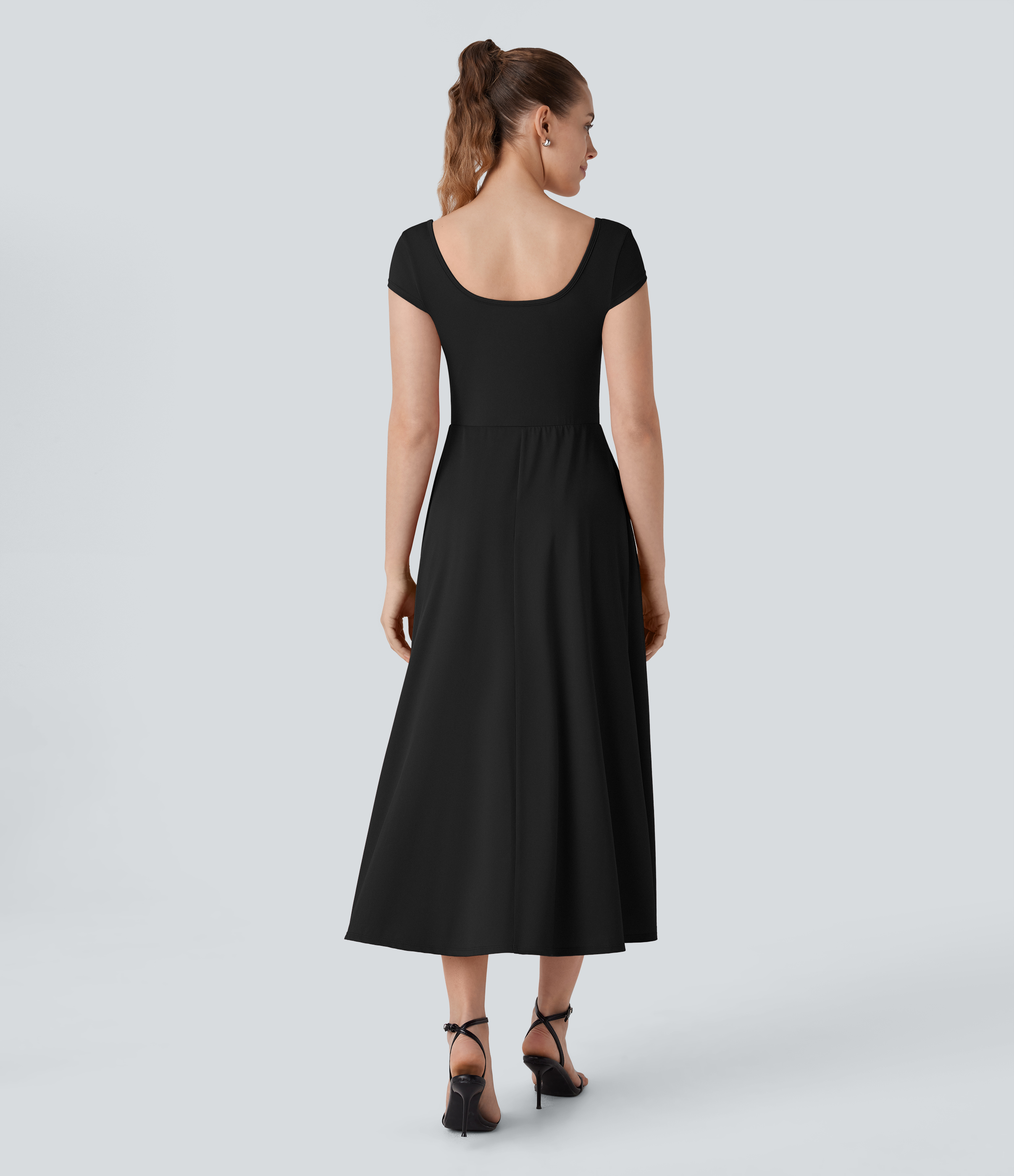 Halara Square Neck Short Sleeve Side Pocket Flowy Midi Casual Dress Casual Dress - Black - S slip dress beach dress ruched dress halter dress 