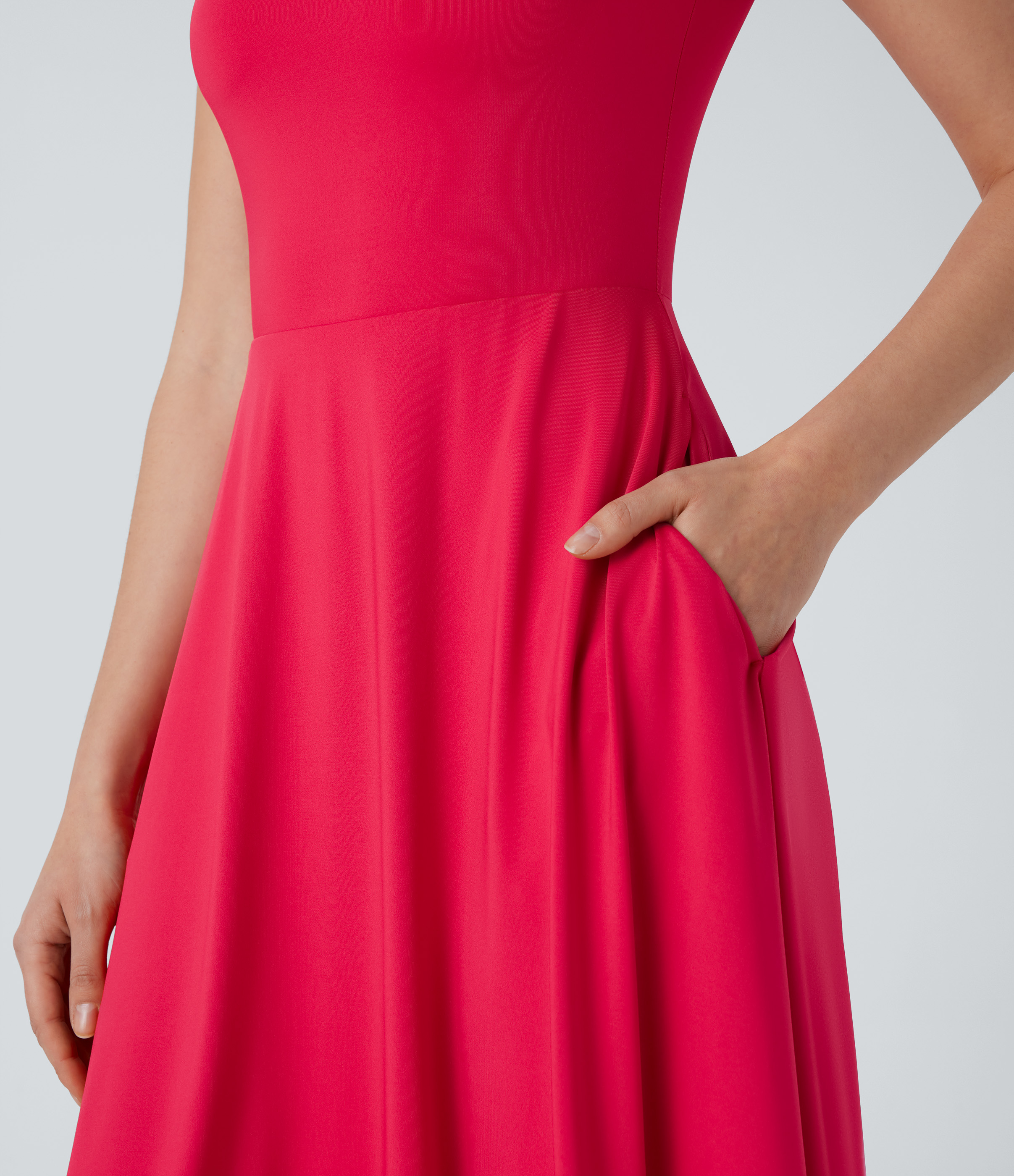 Halara Square Neck Short Sleeve Side Pocket Flowy Midi Casual Dress Casual Dress - Hibiscus - XS slip dress beach dress ruched dress 