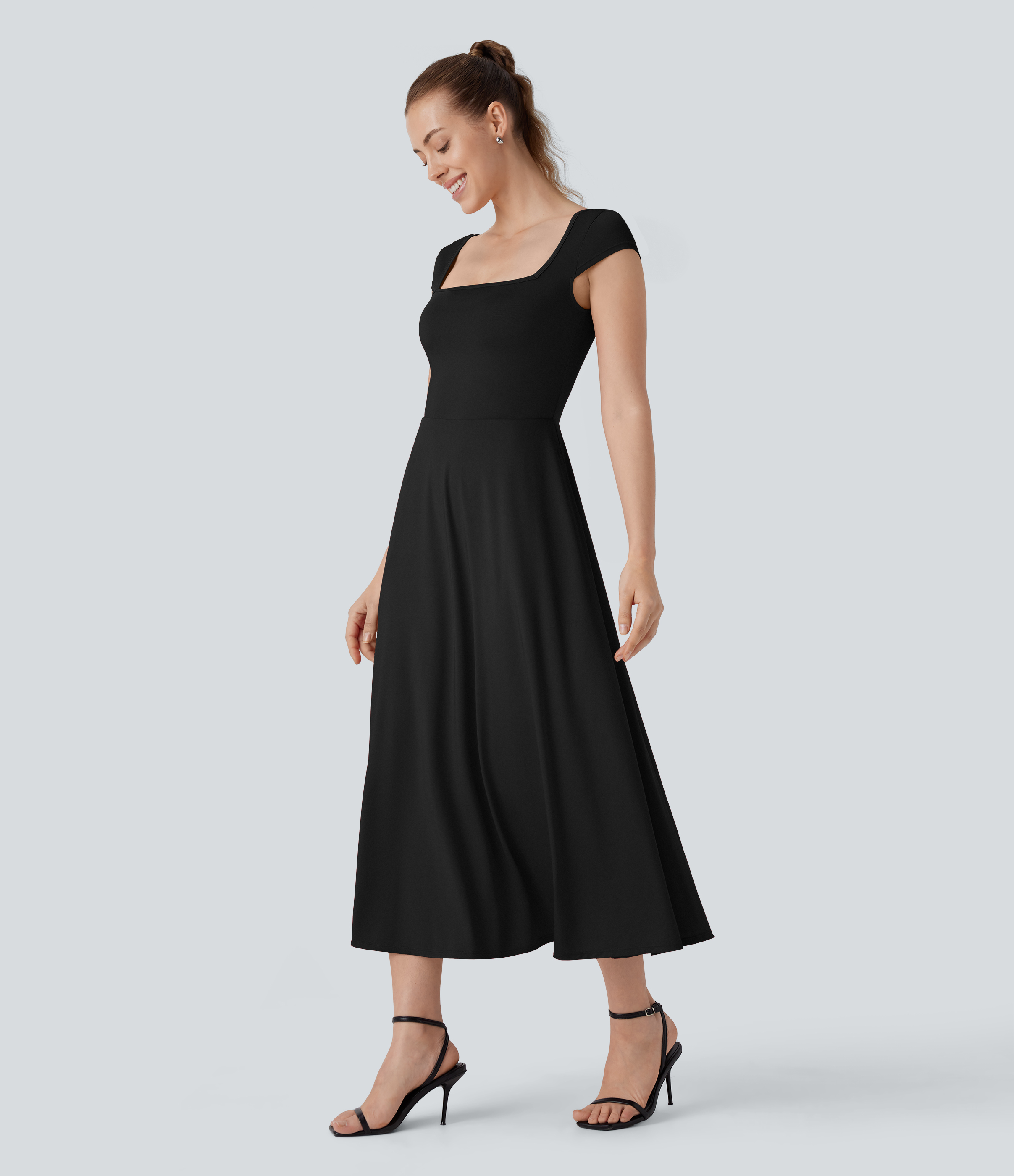 Halara Square Neck Short Sleeve Side Pocket Flowy Midi Casual Dress Casual Dress - Black - S slip dress beach dress ruched dress halter dress 