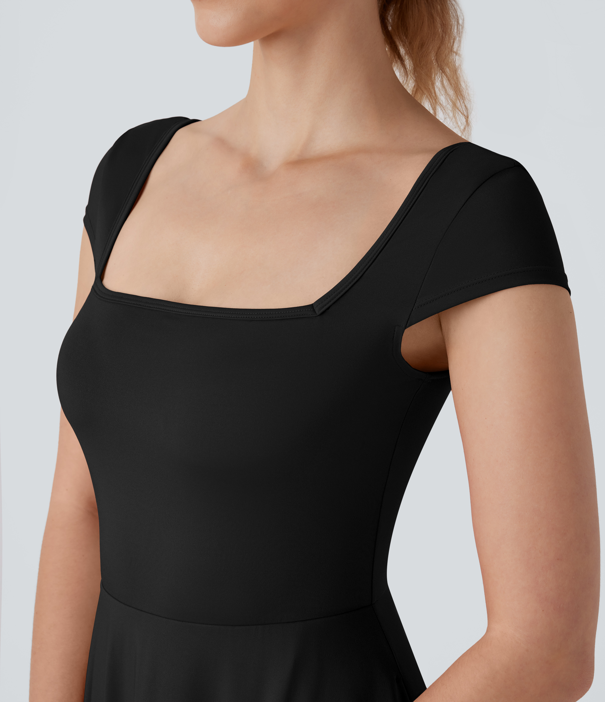 Halara Square Neck Short Sleeve Side Pocket Flowy Midi Casual Dress Casual Dress - Black - S slip dress beach dress ruched dress halter dress 