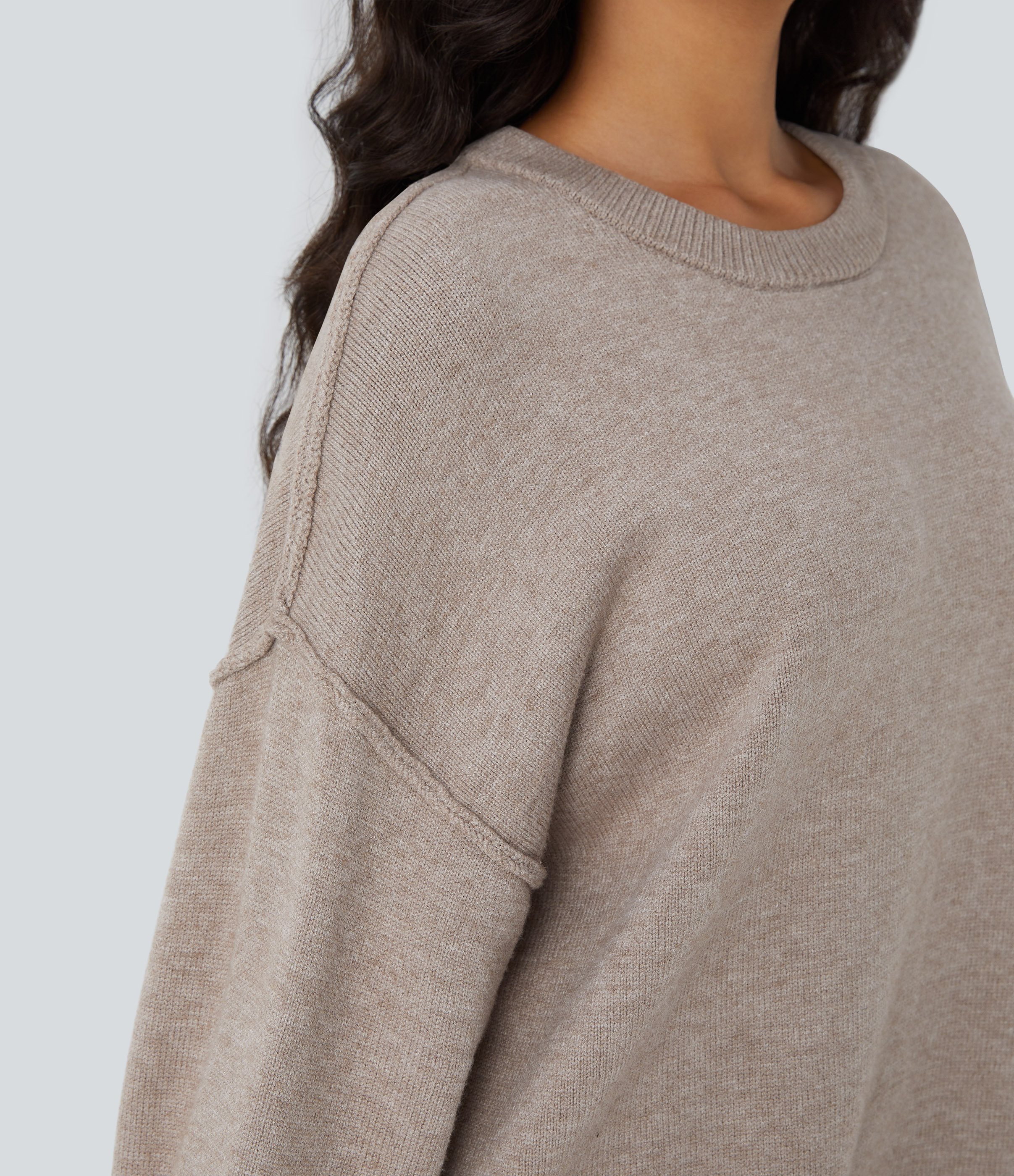 Halara Round Neck Dropped Shoulder Long Sleeve Casual Sweater  - Doeskin - M 